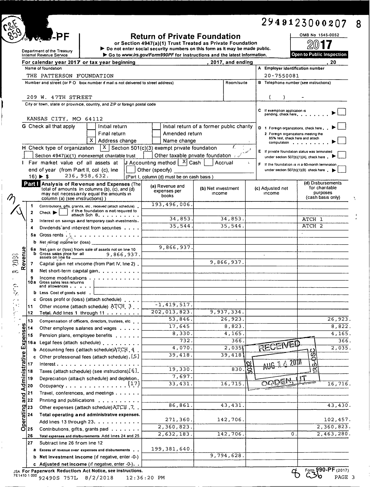 Image of first page of 2017 Form 990PF for Patterson Family Foundation