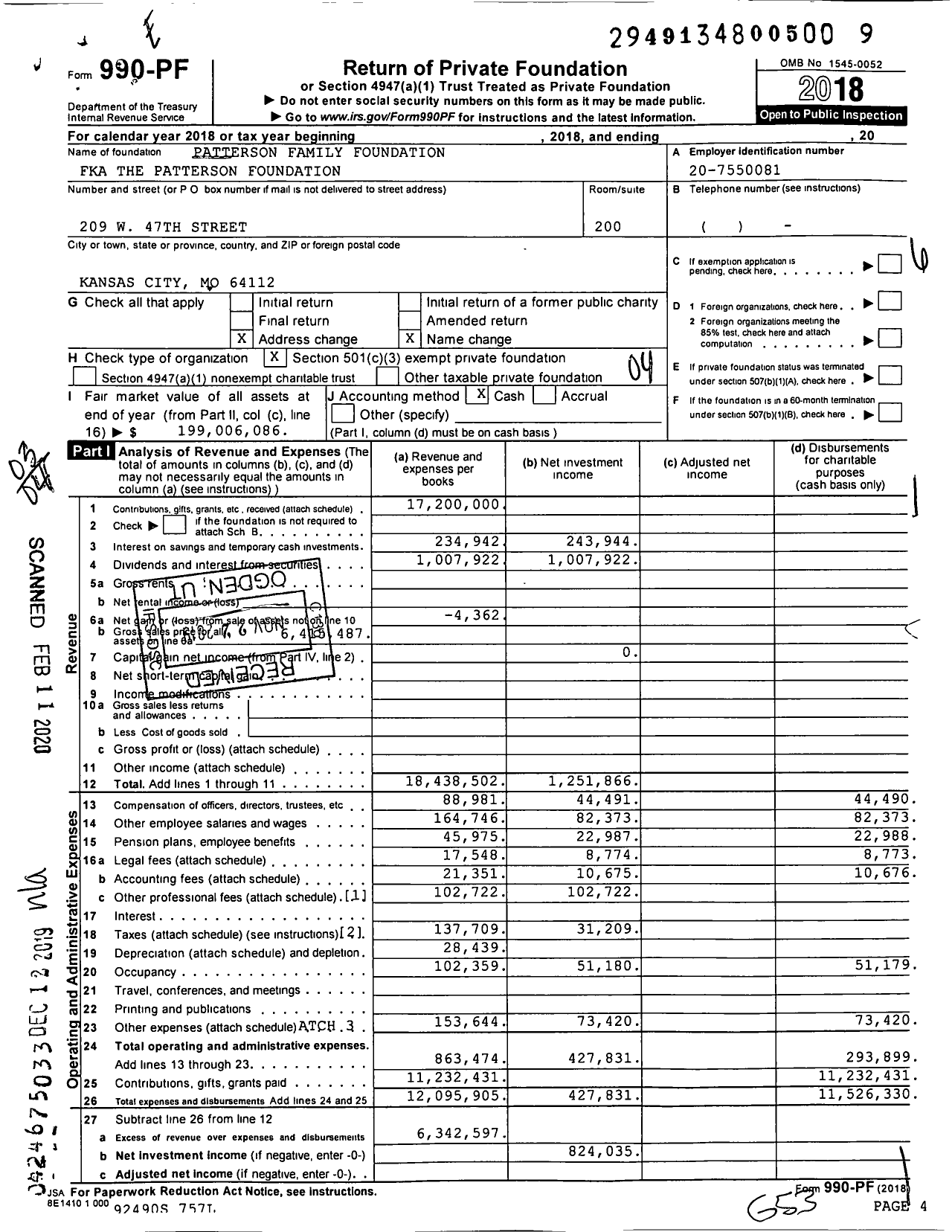 Image of first page of 2018 Form 990PF for Patterson Family Foundation