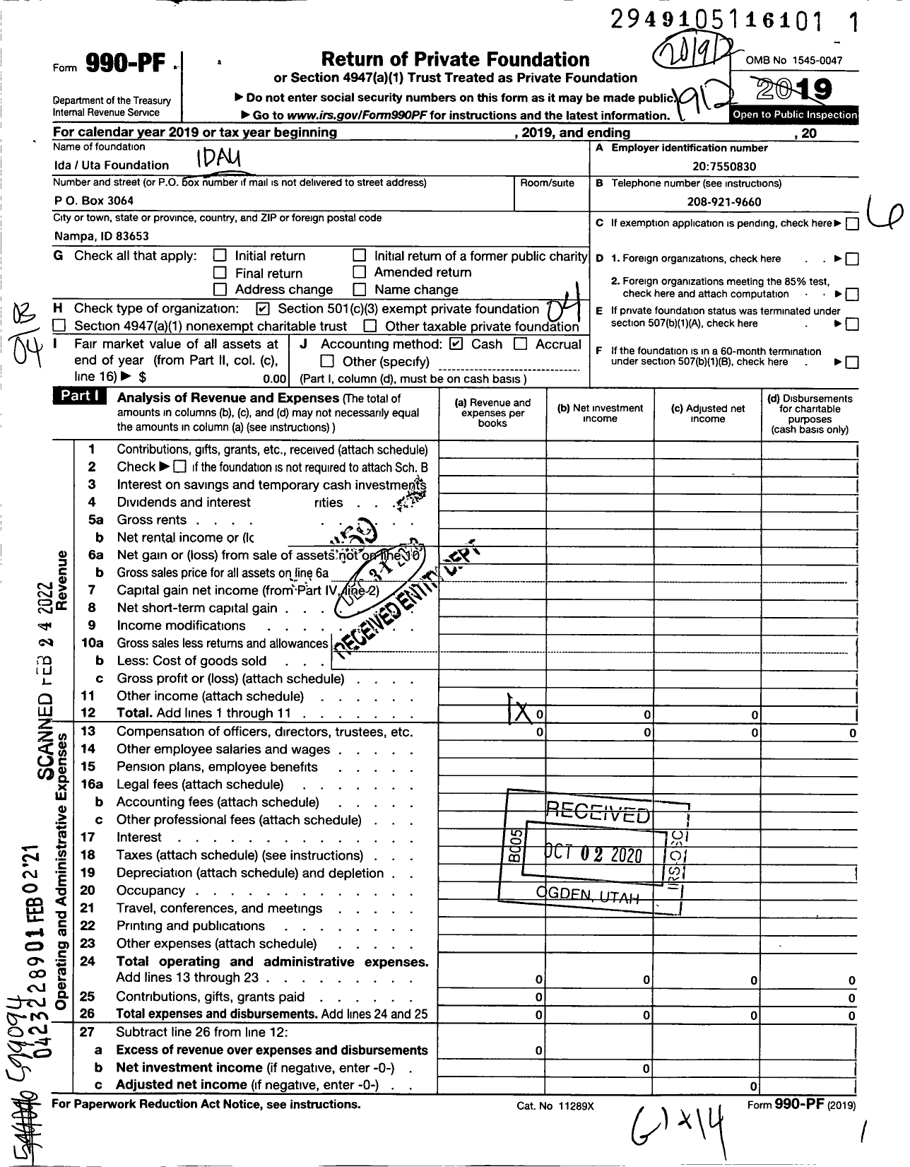 Image of first page of 2019 Form 990PF for Ida Uta Foundation