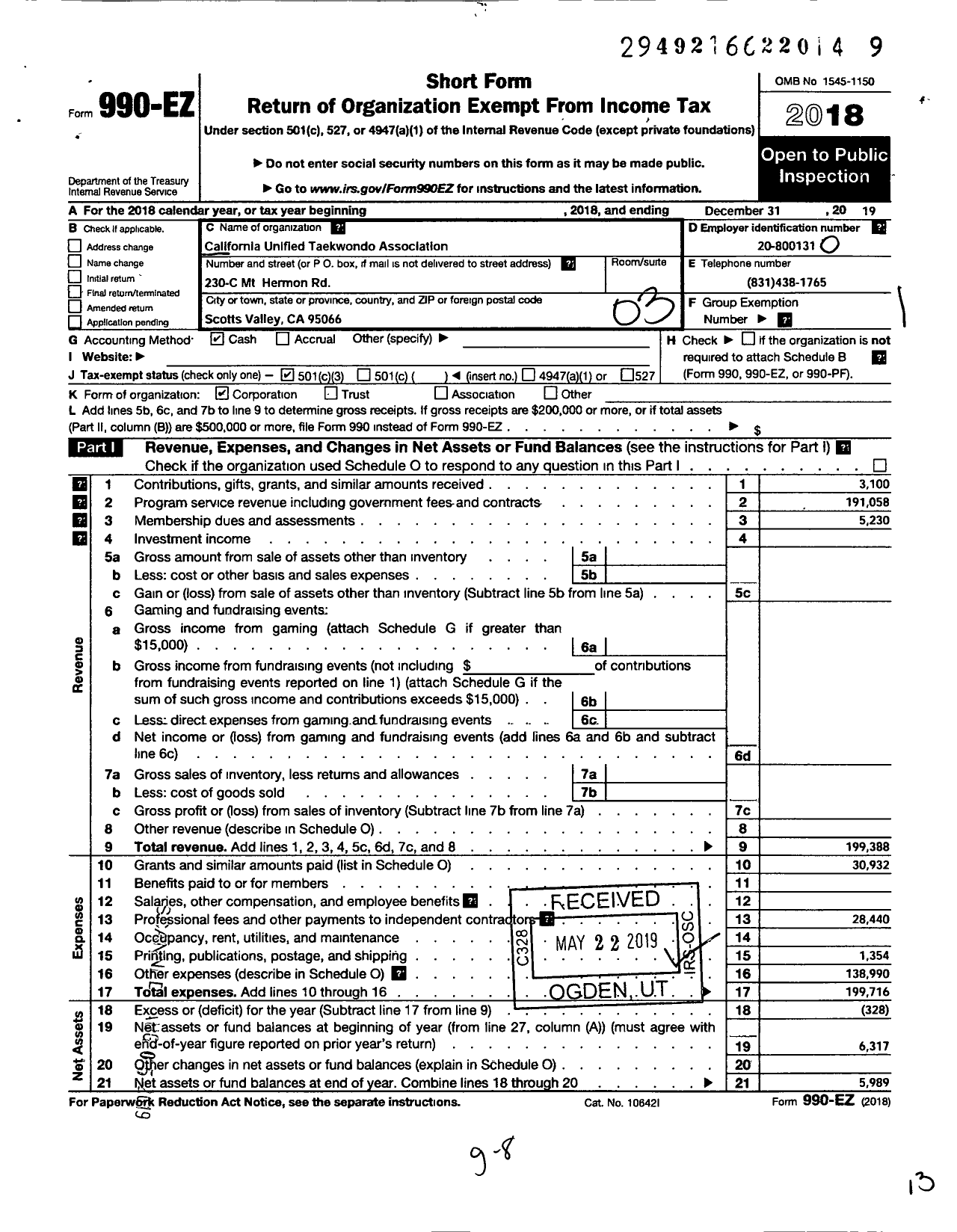 Image of first page of 2019 Form 990EZ for California Unified Taekwondoassociation