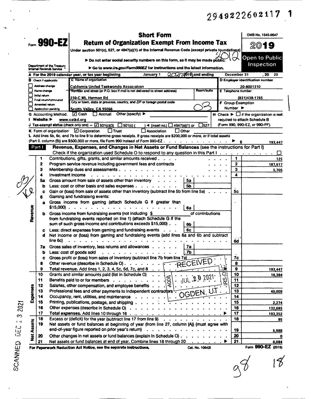 Image of first page of 2020 Form 990EZ for California Unified Taekwondoassociation