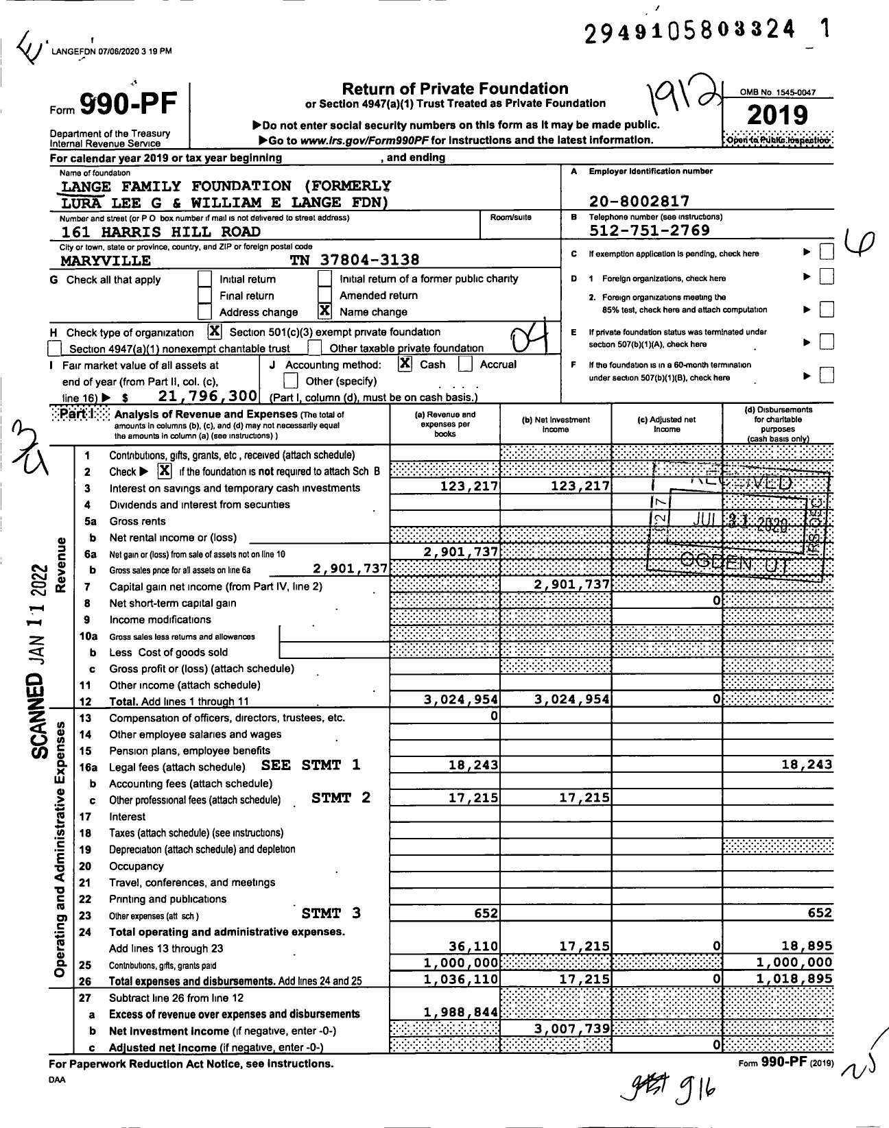 Image of first page of 2019 Form 990PF for Lange Family Foundation