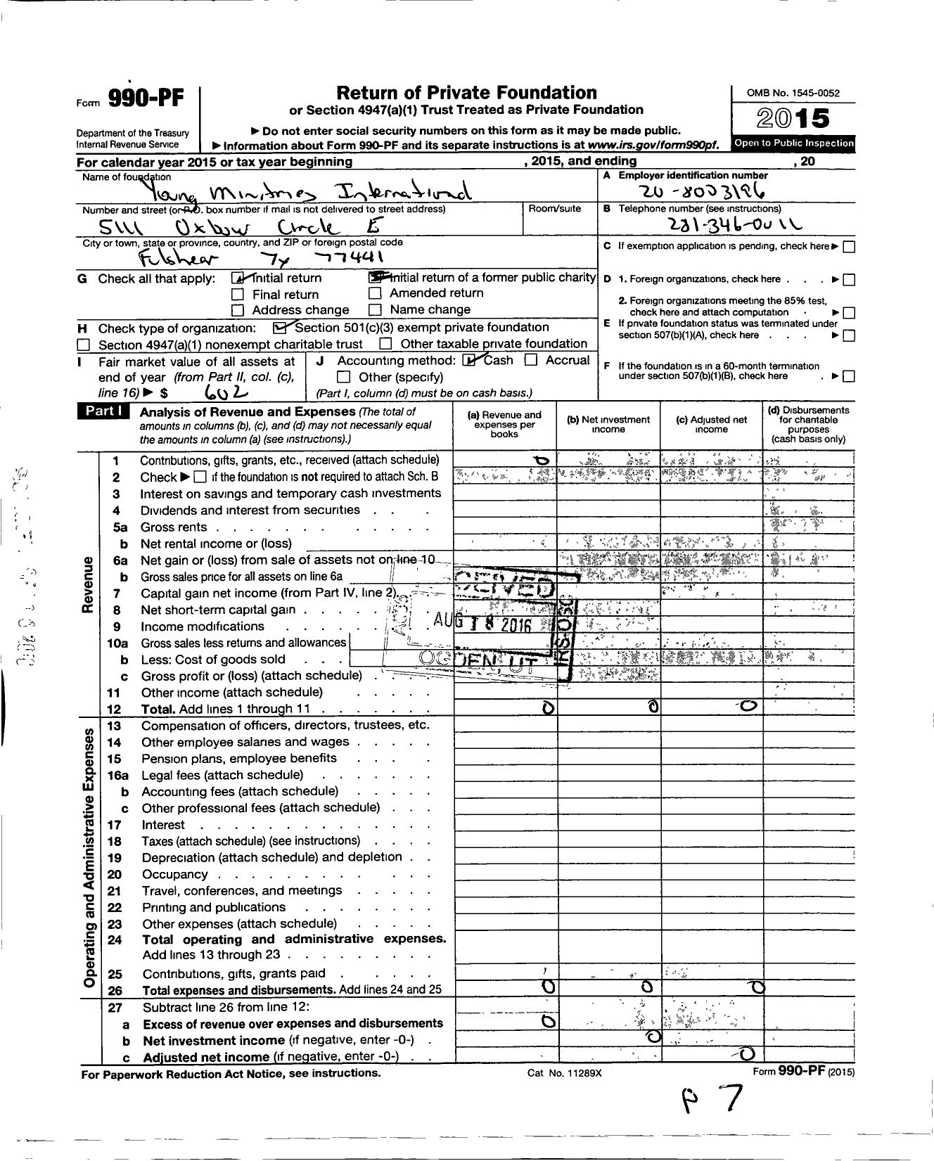 Image of first page of 2015 Form 990PF for Young Ministries International