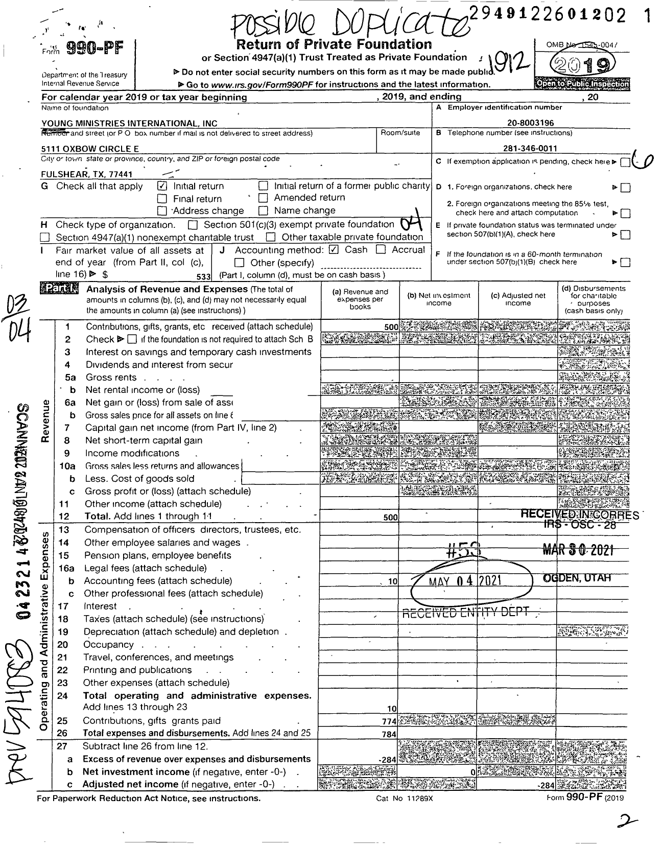 Image of first page of 2019 Form 990PF for Young Ministries International