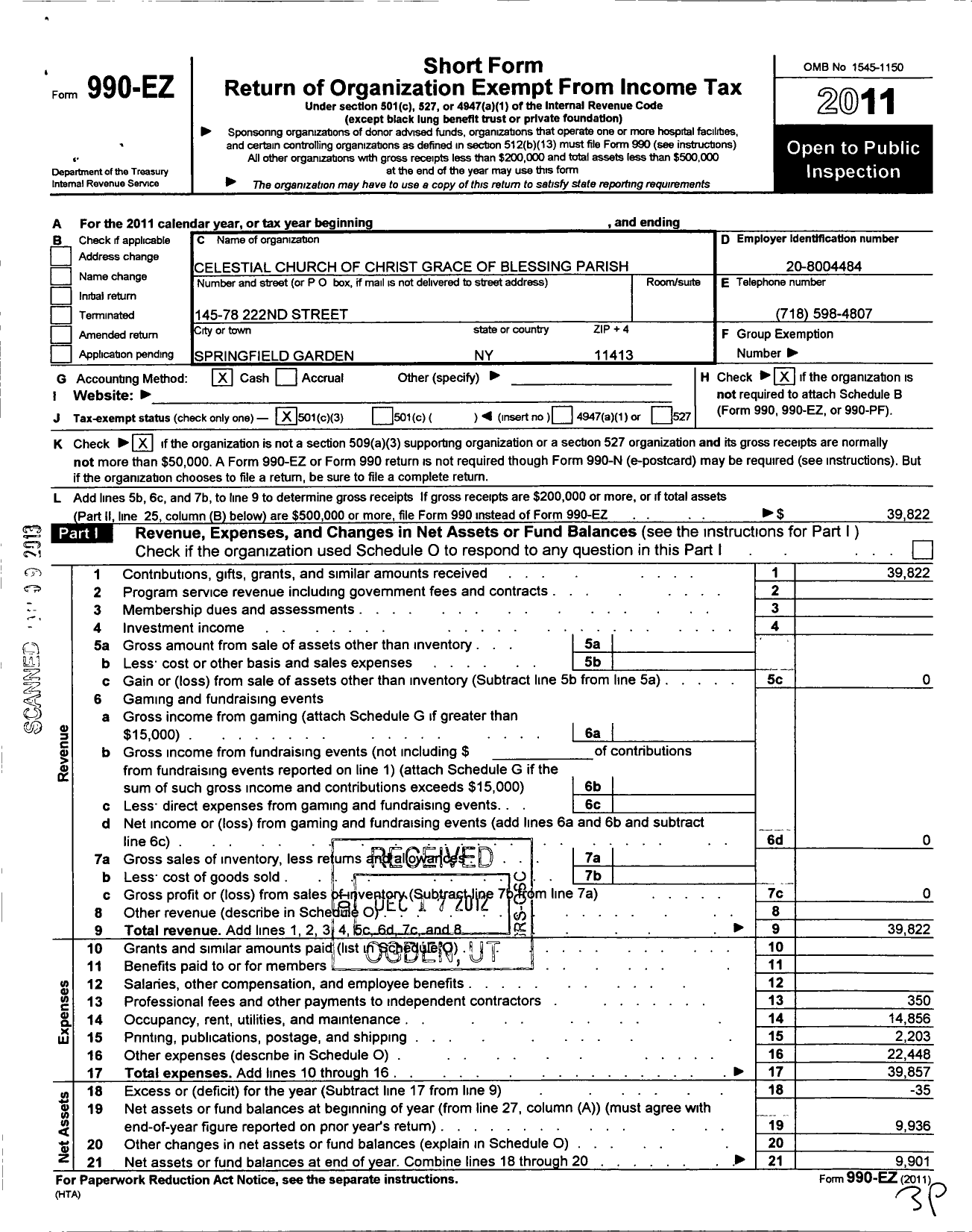 Image of first page of 2011 Form 990EZ for Celestial Church of Christ Grace Ofblessing Parish