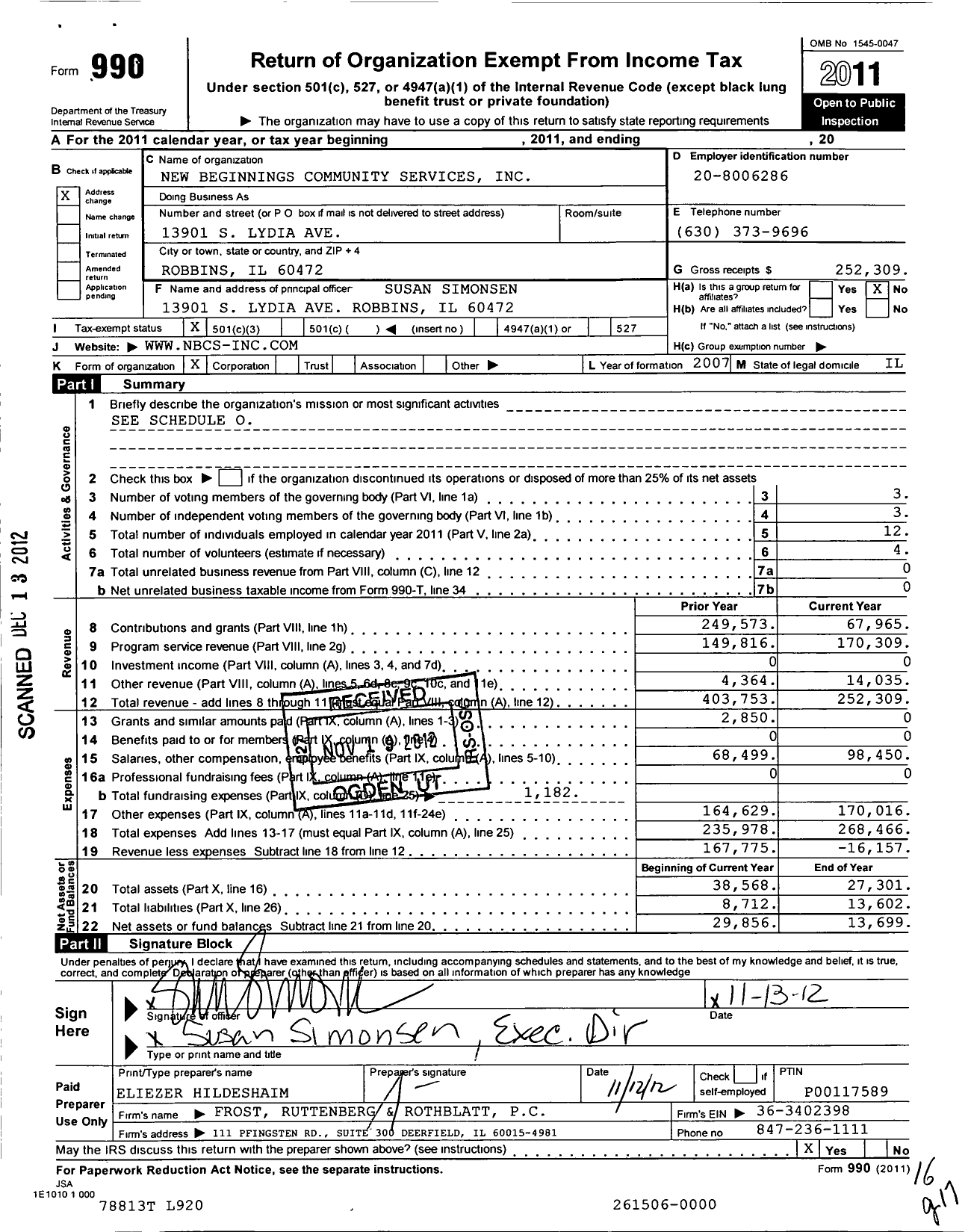 Image of first page of 2011 Form 990 for New Beginnings Community Services