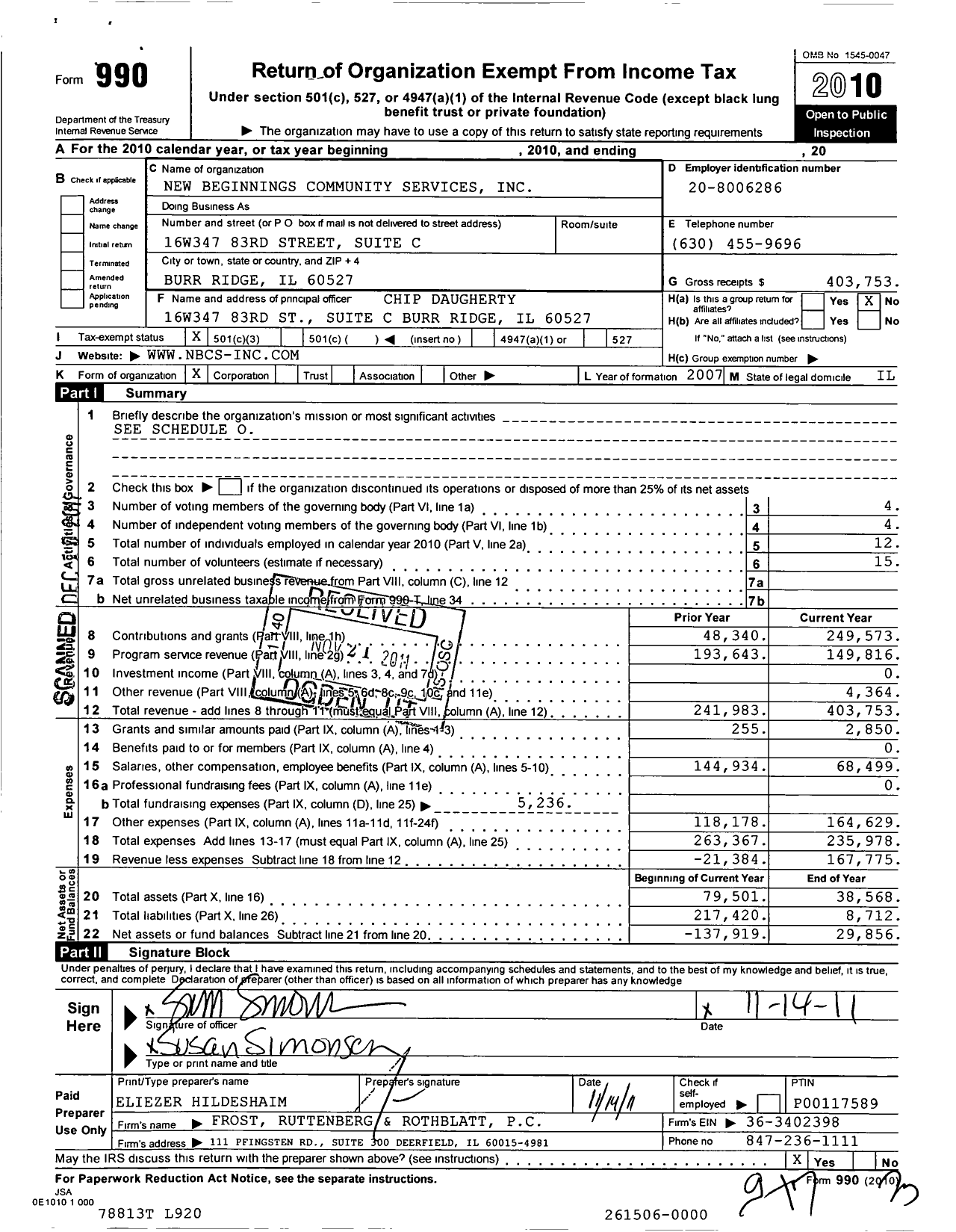 Image of first page of 2010 Form 990 for New Beginnings Community Services