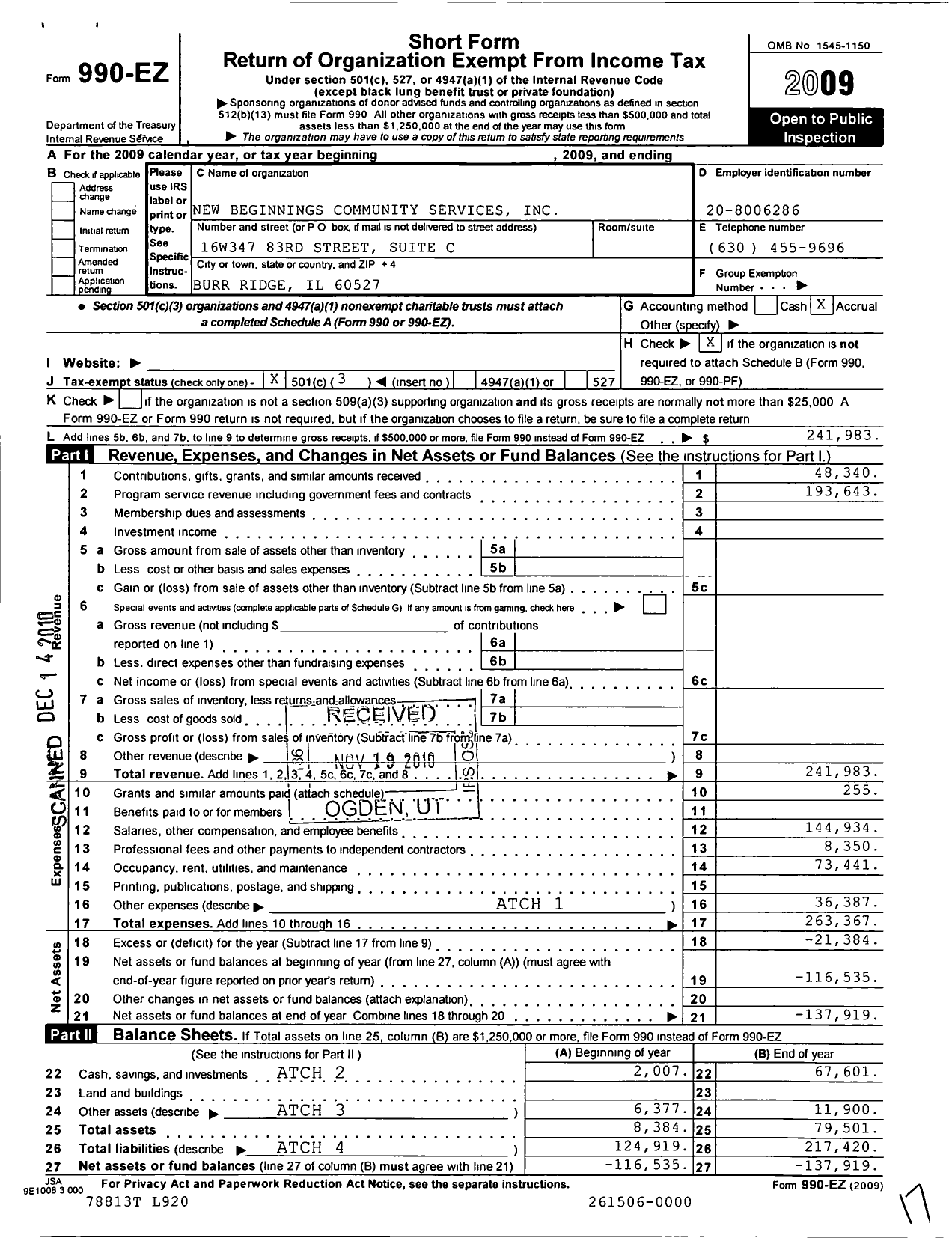 Image of first page of 2009 Form 990EZ for New Beginnings Community Services