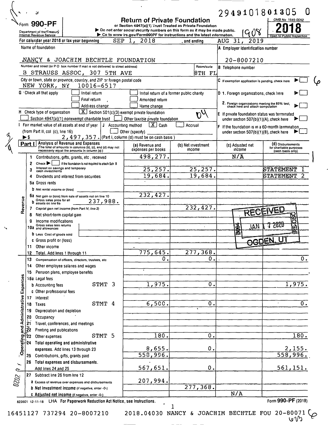 Image of first page of 2018 Form 990PR for Nancy and Joachim Bechtle Foundation