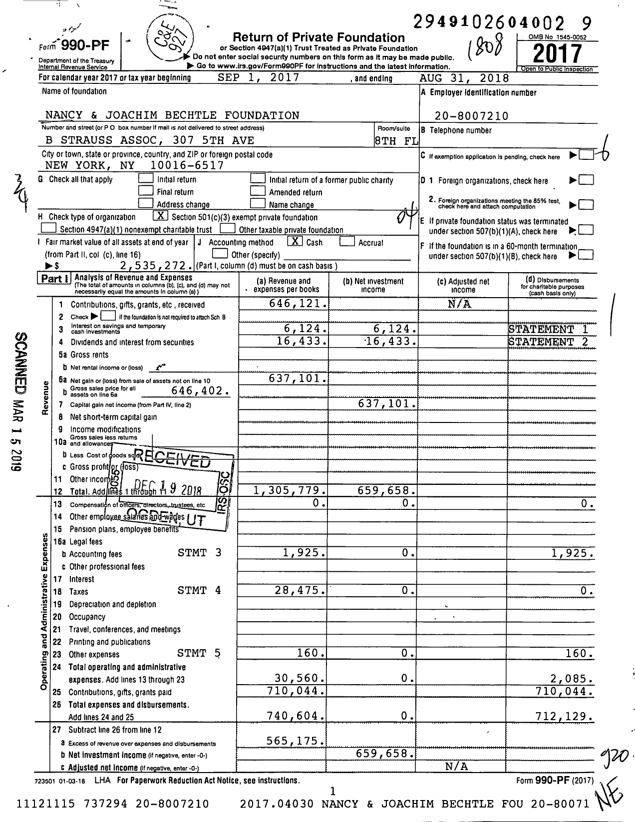 Image of first page of 2017 Form 990PF for Nancy and Joachim Bechtle Foundation