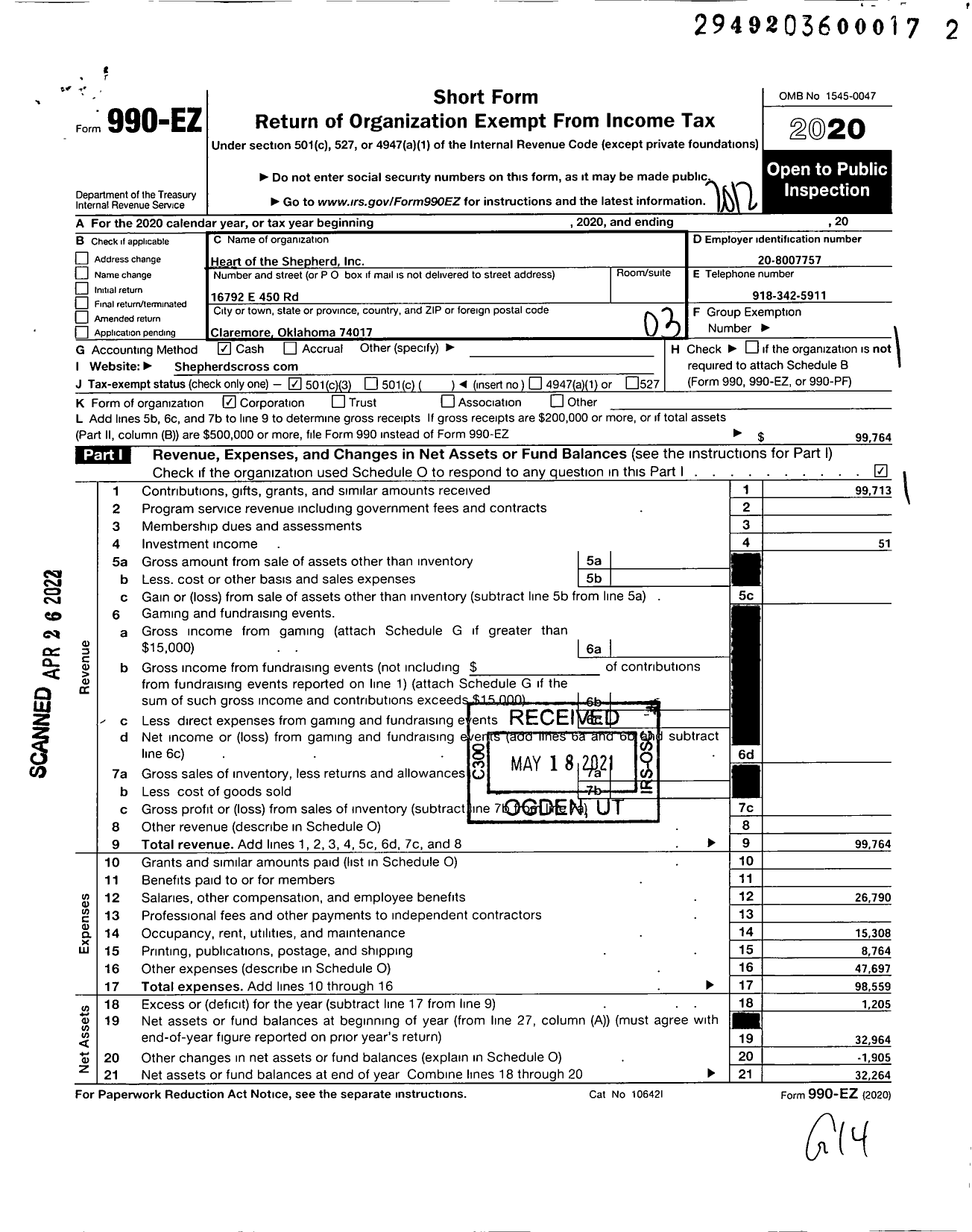 Image of first page of 2020 Form 990EZ for Heart of the Shepherd