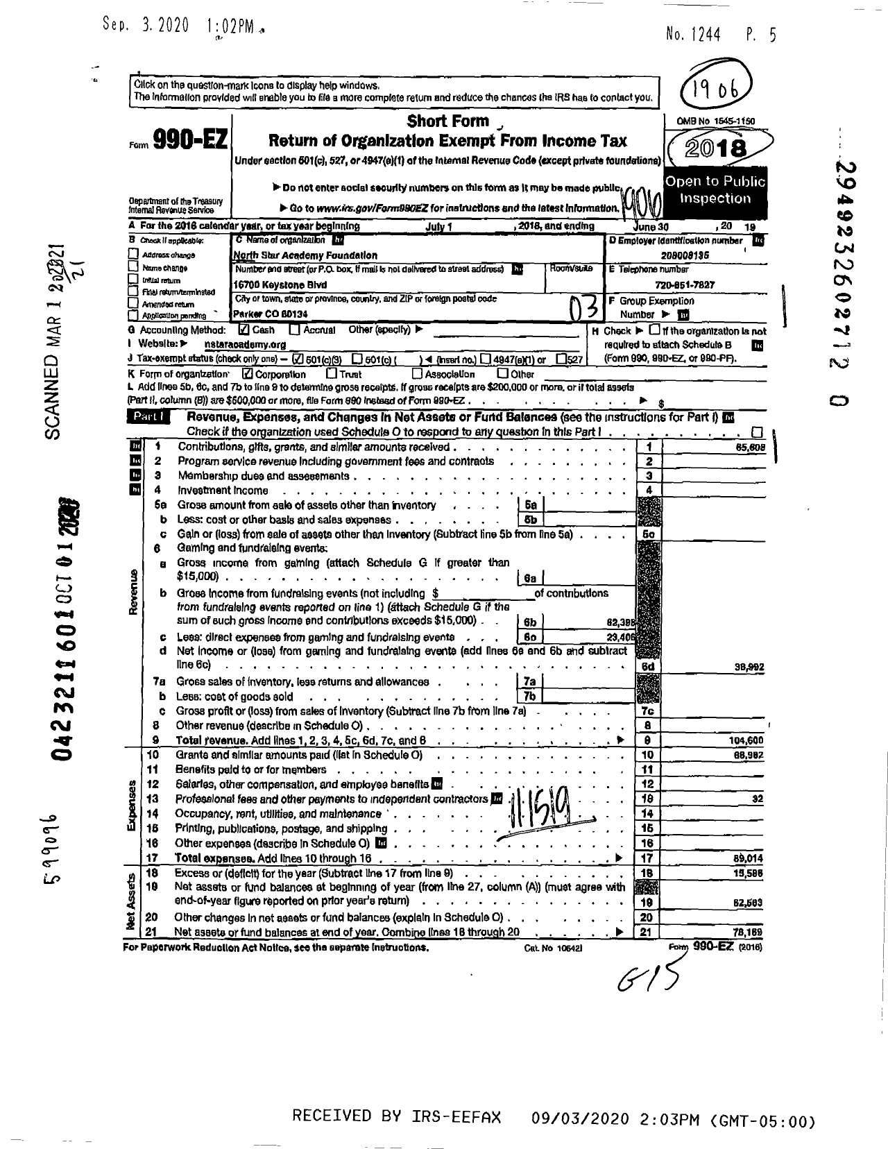 Image of first page of 2018 Form 990EZ for North Star Academy Foundation