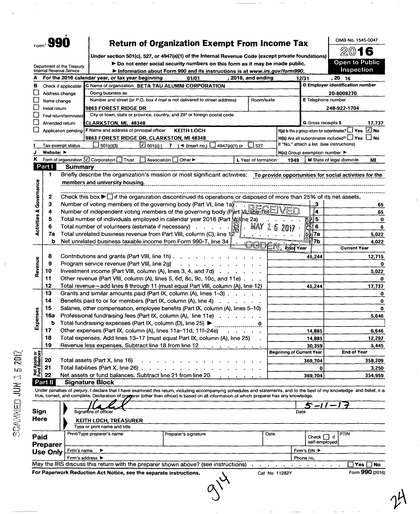 Image of first page of 2016 Form 990O for Delta Sigma Phi Fraternity / Beta Tau Alumni Corporation