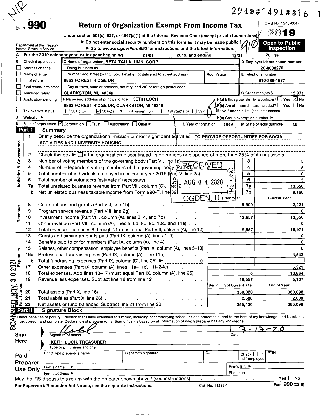 Image of first page of 2019 Form 990O for Delta Sigma Phi Fraternity / Beta Tau Alumni Corporation