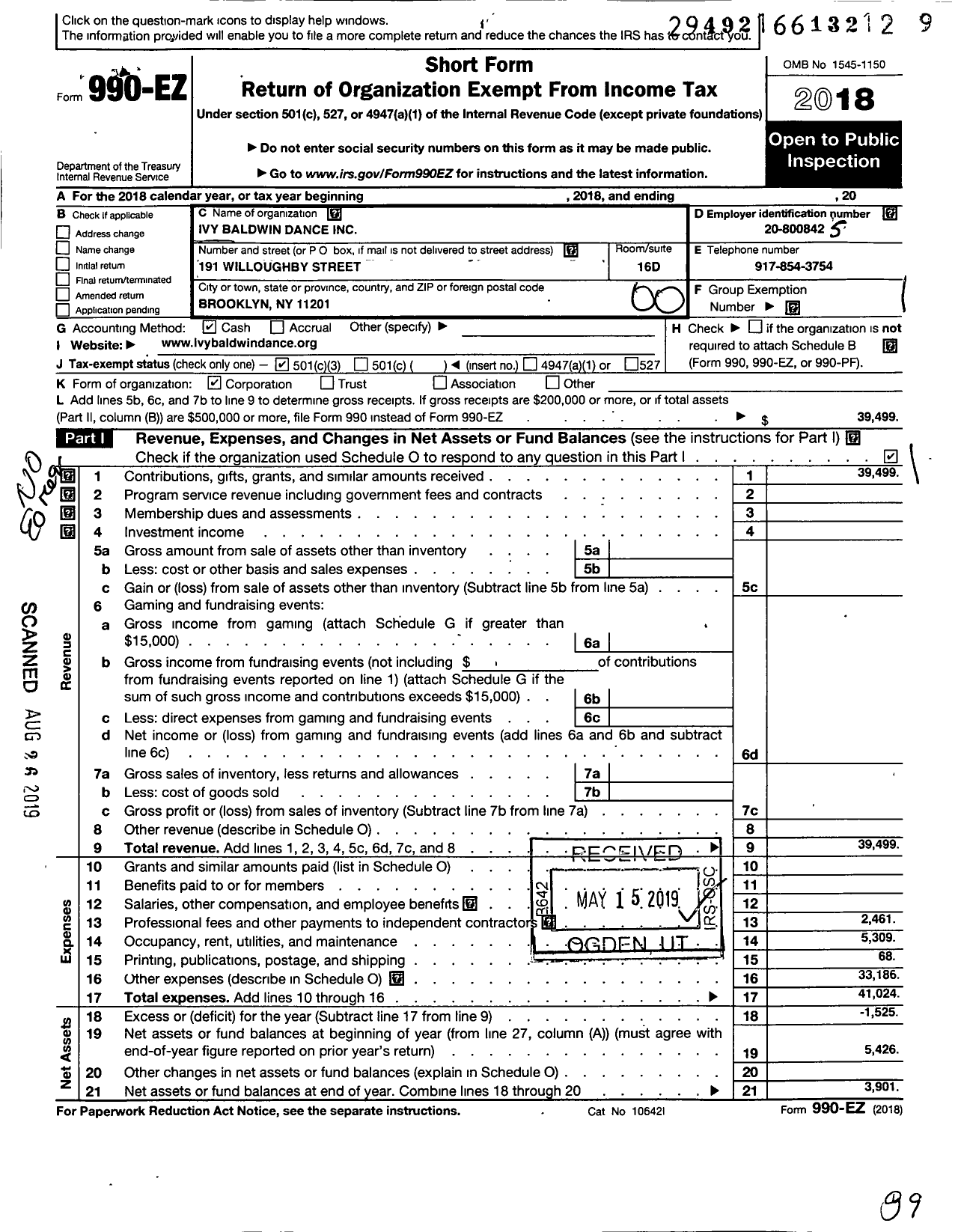 Image of first page of 2018 Form 990EO for Ivy Baldwin Dance