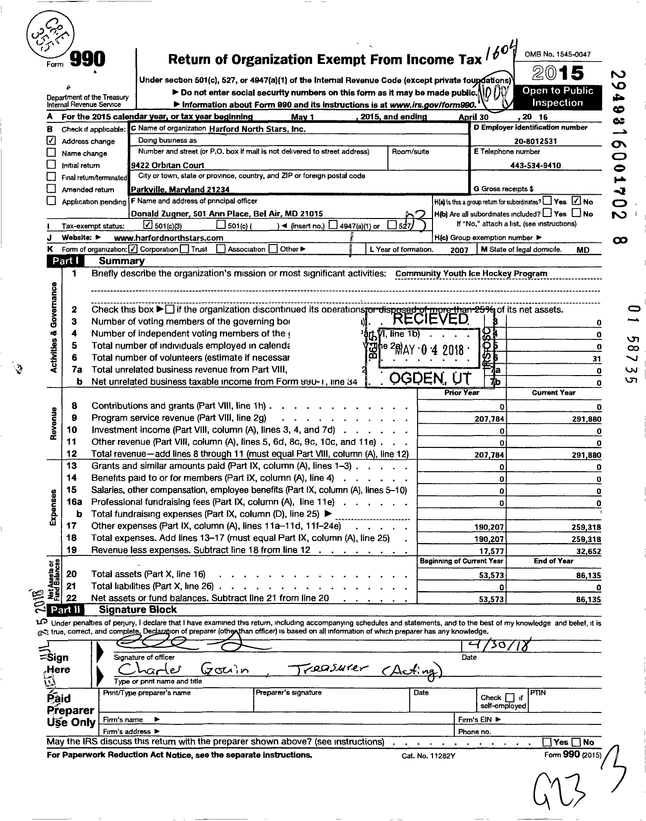Image of first page of 2015 Form 990 for Harford North Stars