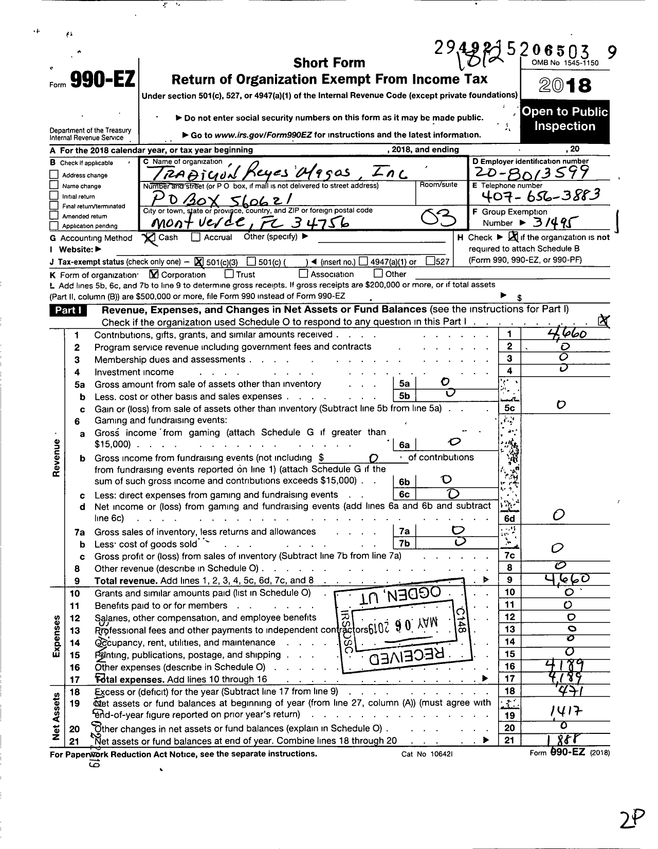 Image of first page of 2018 Form 990EZ for Tradicion Reyes Magos