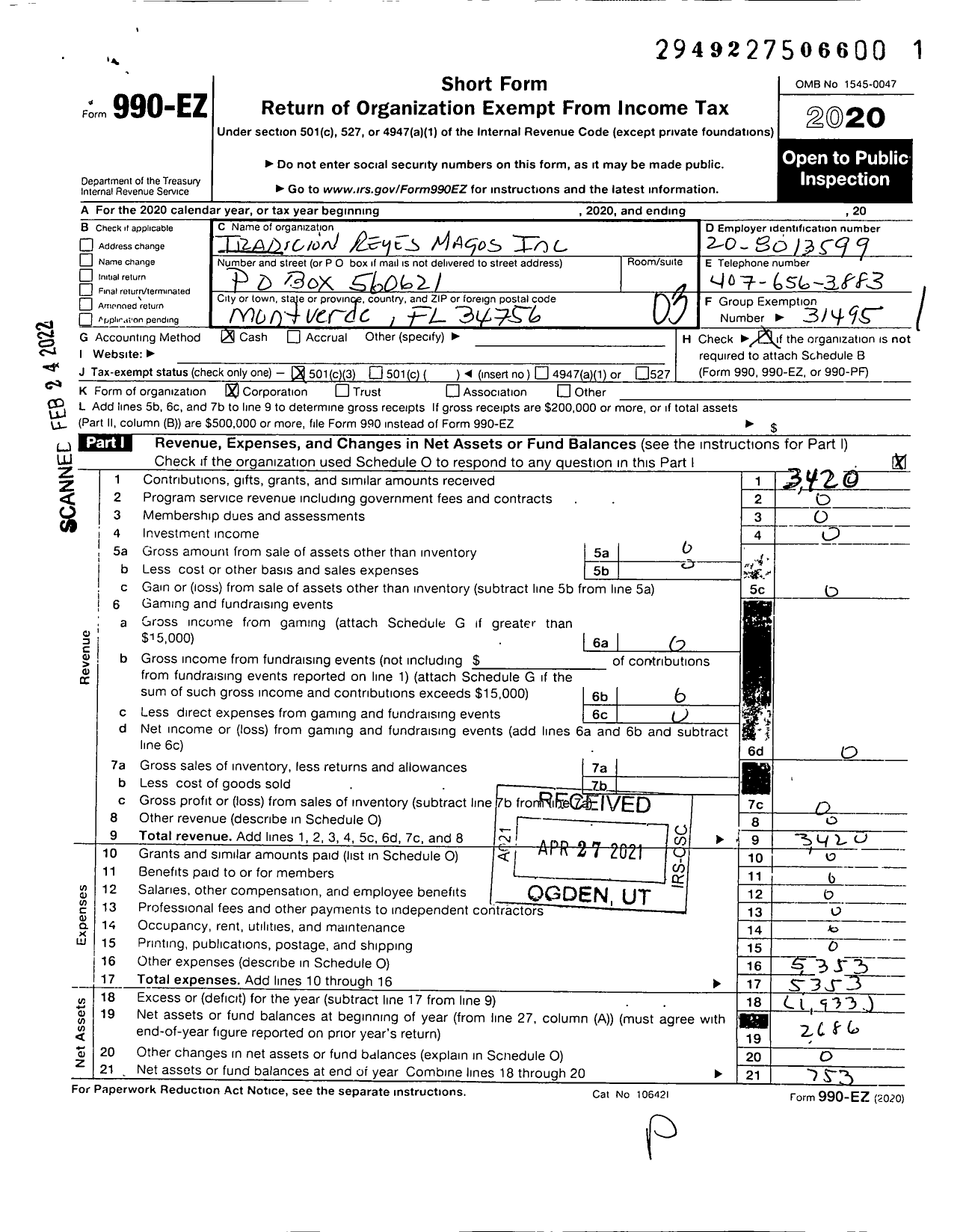 Image of first page of 2020 Form 990EZ for Tradicion Reyes Magos