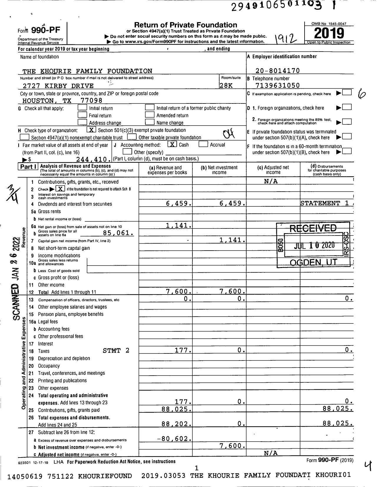 Image of first page of 2019 Form 990PF for The Khourie Family Foundation