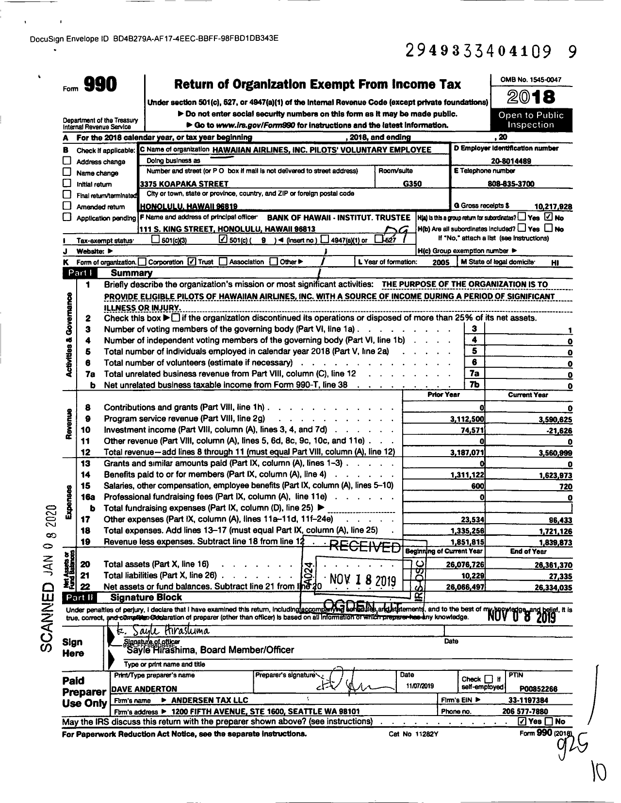 Image of first page of 2018 Form 990O for Hawaiian Airlines Pilots' Voluntary Employee