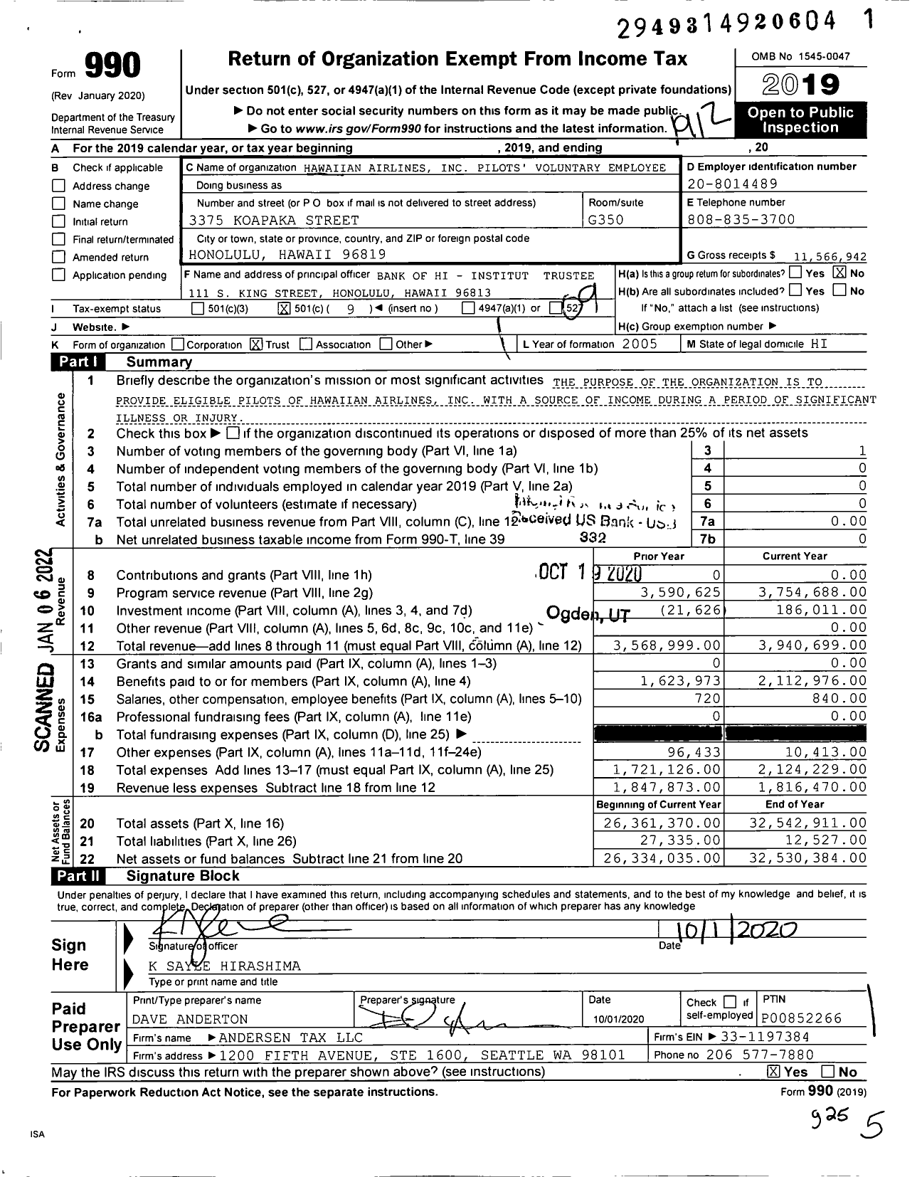 Image of first page of 2019 Form 990O for Hawaiian Airlines Pilots' Voluntary Employee