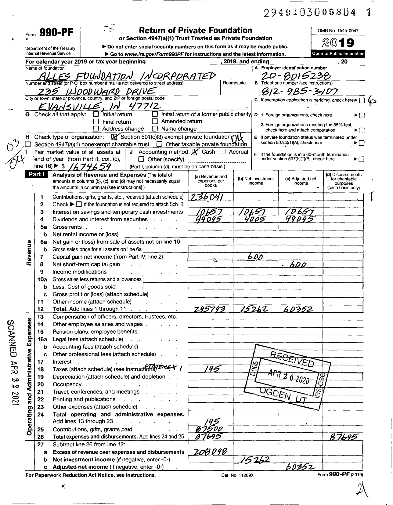 Image of first page of 2019 Form 990PF for Alles Foundation Incorporated