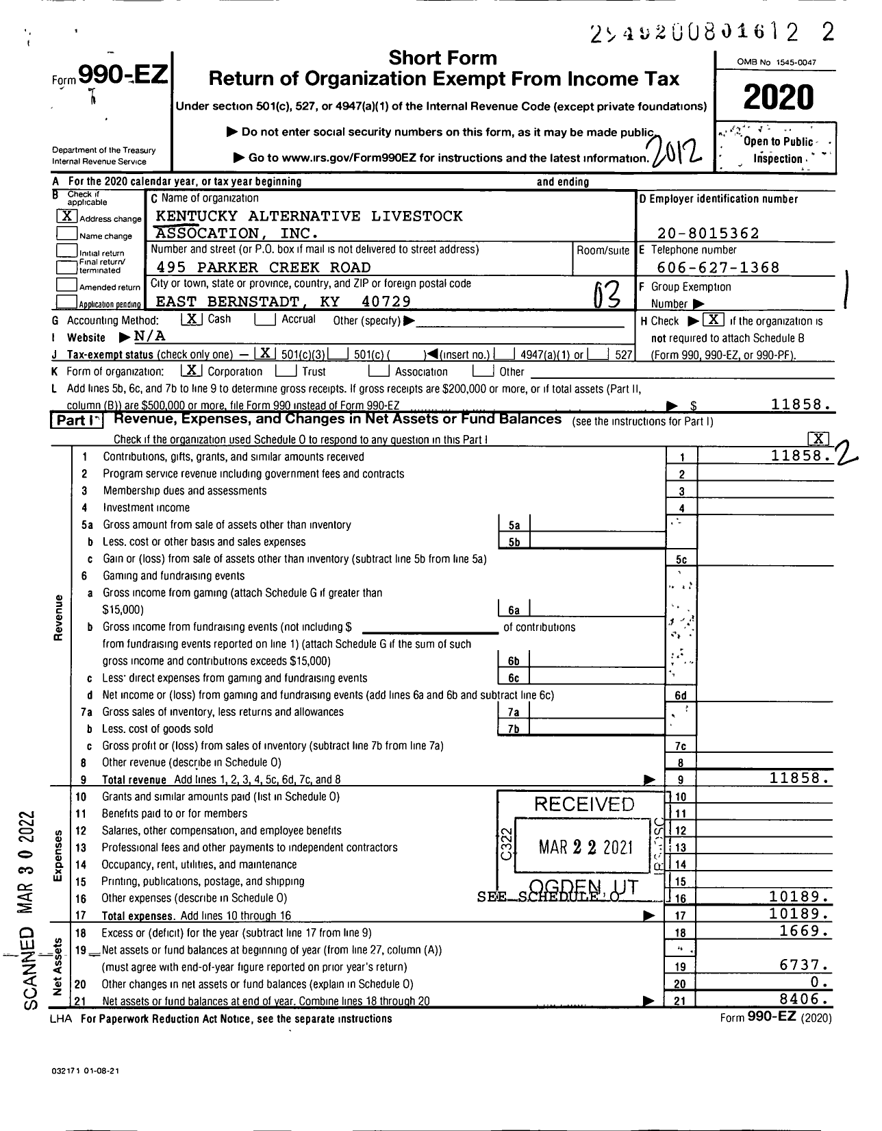 Image of first page of 2020 Form 990EZ for Kentucky Alternative Livestock Association