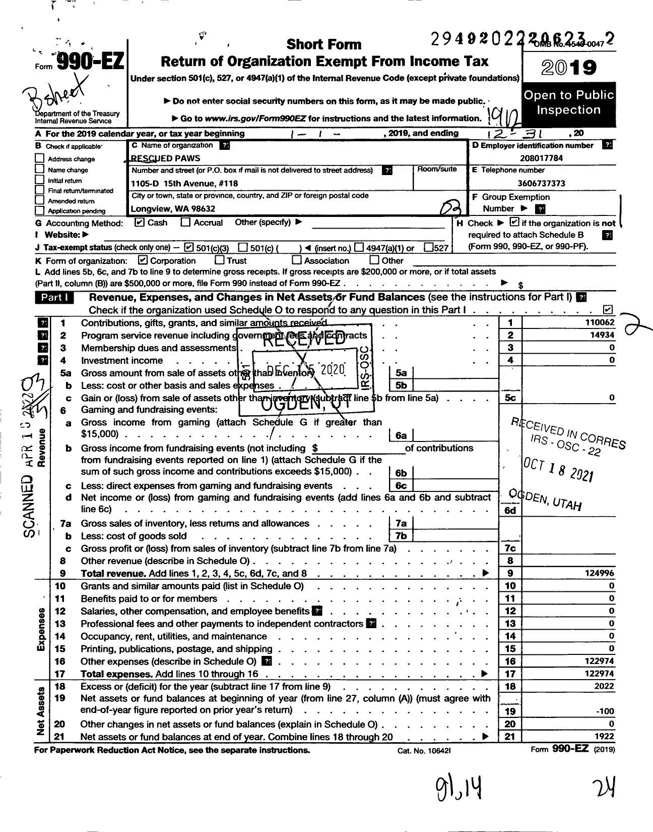 Image of first page of 2019 Form 990EZ for Rescued Paws 1105 D 15th Avenue 118 Longview Wa 98632