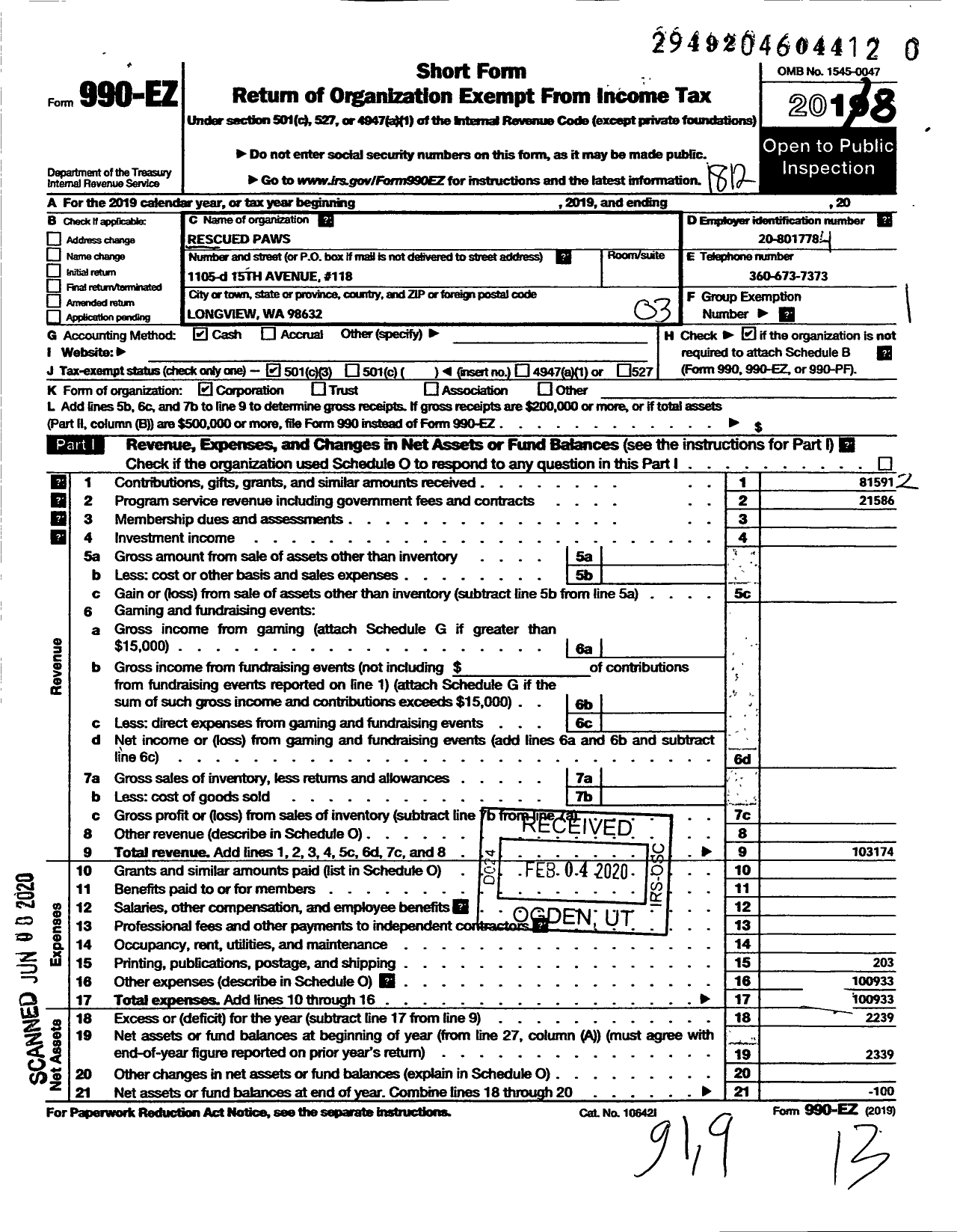 Image of first page of 2018 Form 990EZ for Rescued Paws 1105 D 15th Avenue 118 Longview Wa 98632