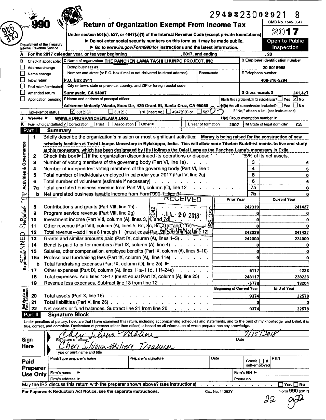 Image of first page of 2017 Form 990 for Tashi Lhunpo Foundation