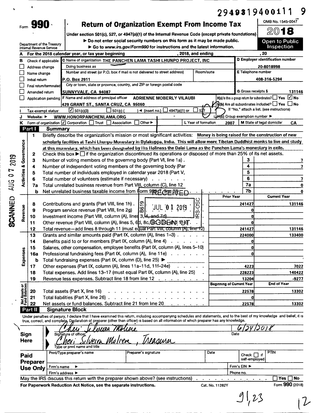 Image of first page of 2018 Form 990 for Tashi Lhunpo Foundation