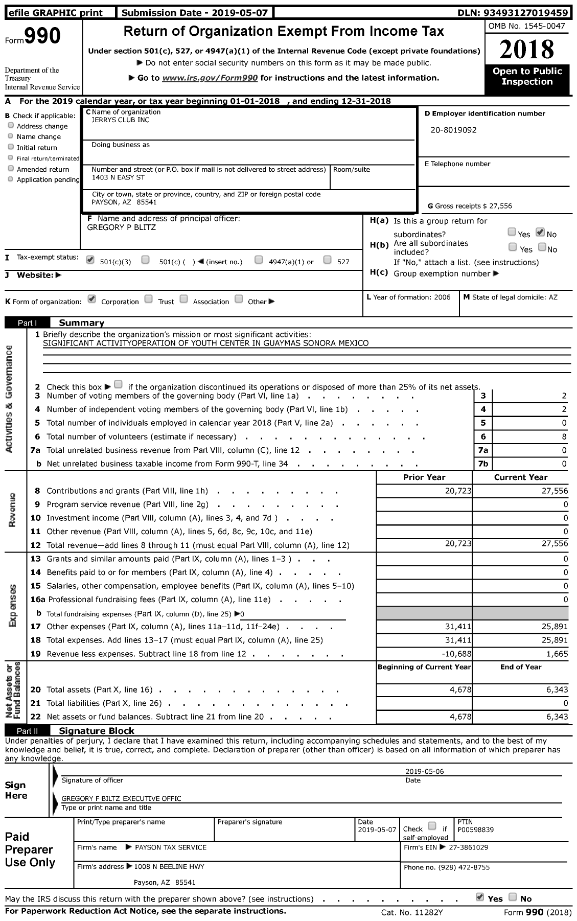 Image of first page of 2018 Form 990 for Jerrys Club