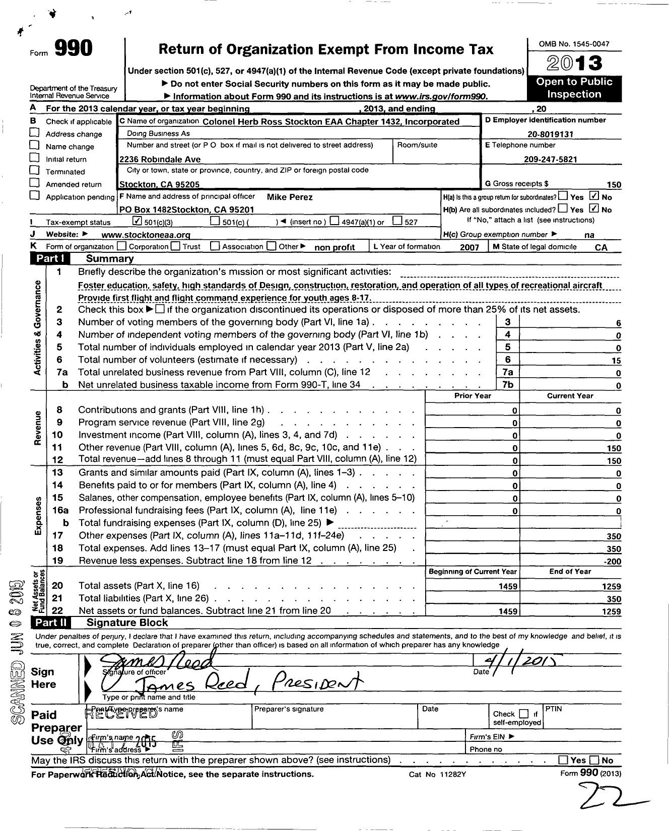 Image of first page of 2013 Form 990 for Colonel Herb Ross Stockton Eaa Chapter 1432 Incorporated