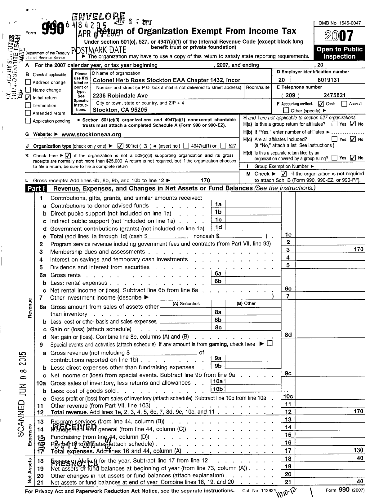 Image of first page of 2007 Form 990 for Colonel Herb Ross Stockton Eaa Chapter 1432 Incorporated