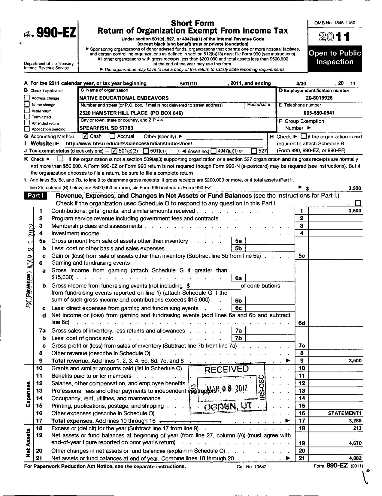 Image of first page of 2010 Form 990EZ for Native Educational Endeavors