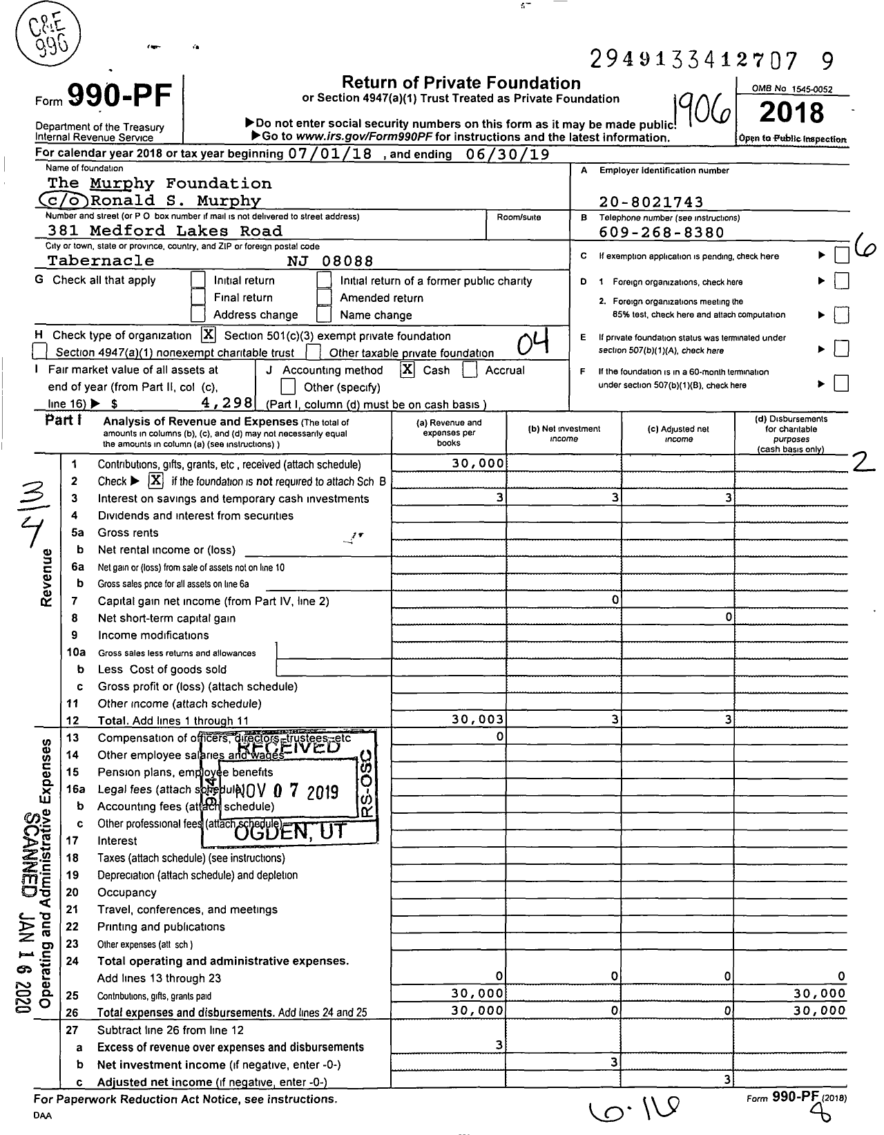 Image of first page of 2018 Form 990PF for The Murphy Foundation