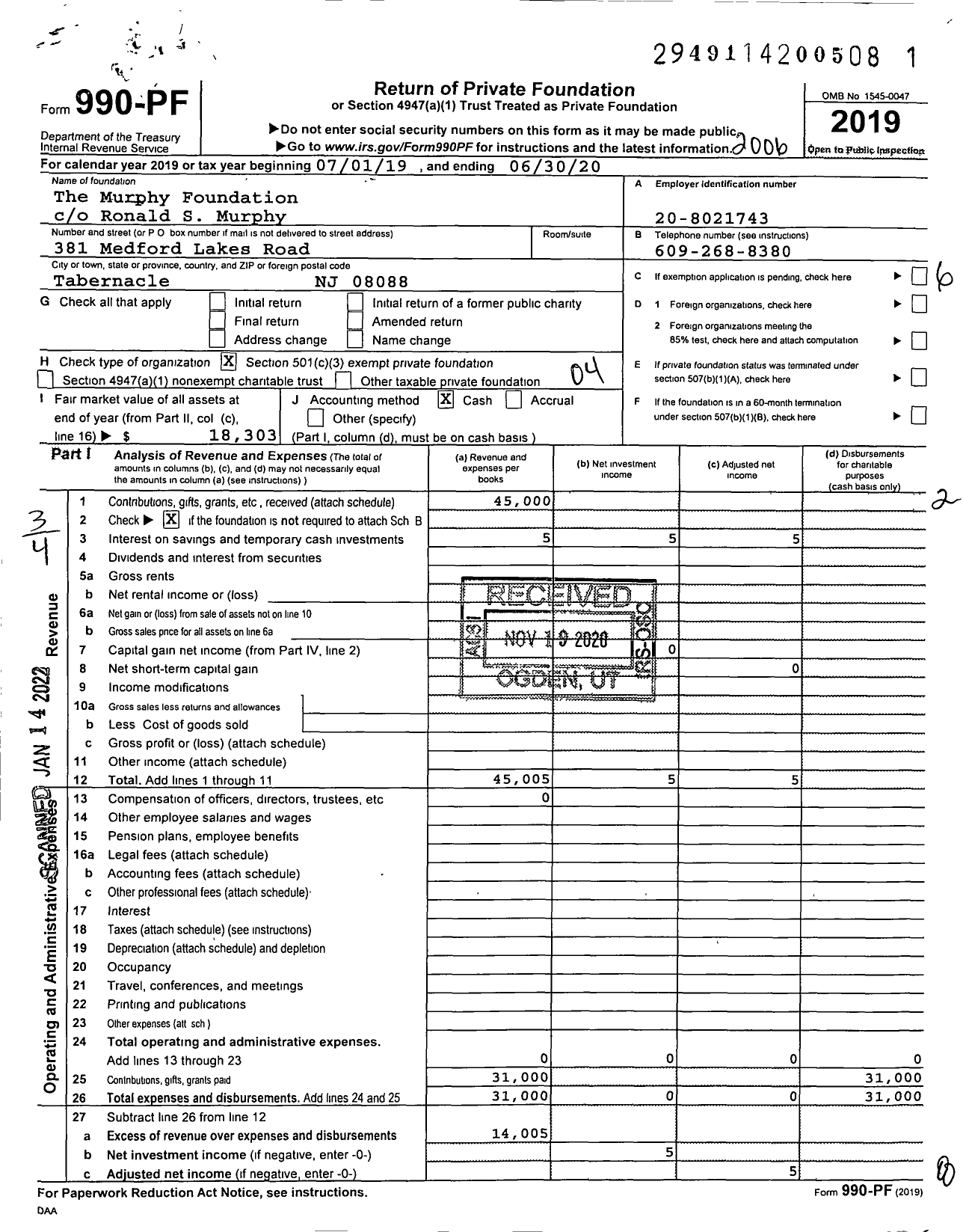 Image of first page of 2019 Form 990PF for The Murphy Foundation