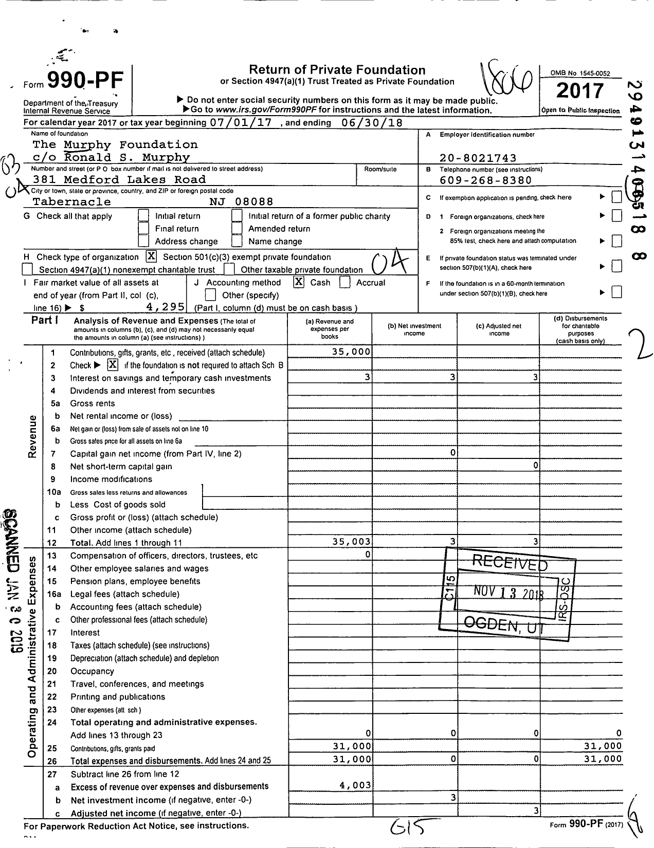 Image of first page of 2017 Form 990PF for The Murphy Foundation