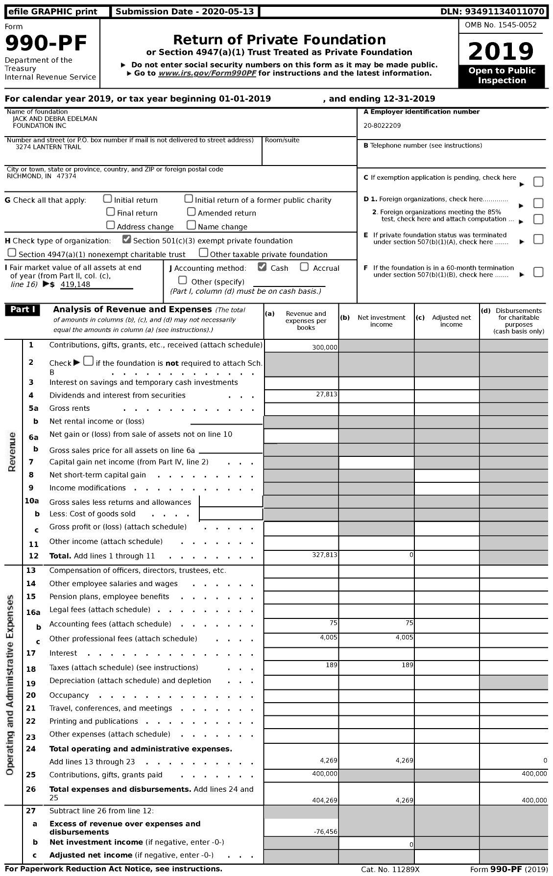 Image of first page of 2019 Form 990PF for Jack and Debra Edelman Foundation
