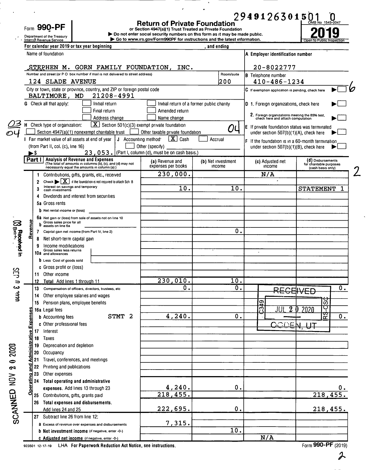 Image of first page of 2019 Form 990PF for Stephen M Gorn Family Foundation