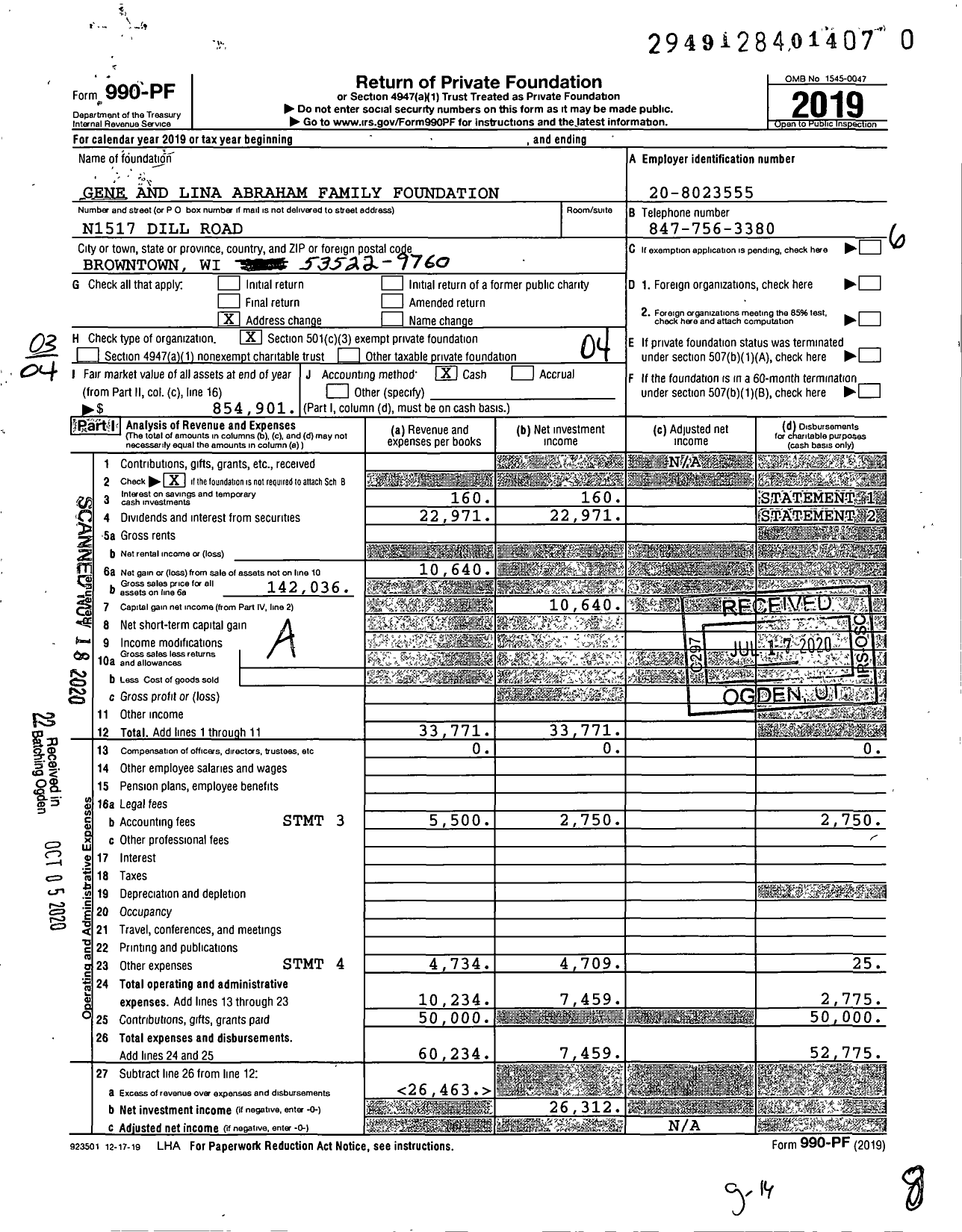 Image of first page of 2019 Form 990PF for Gene and Lina Abraham Family Foundation