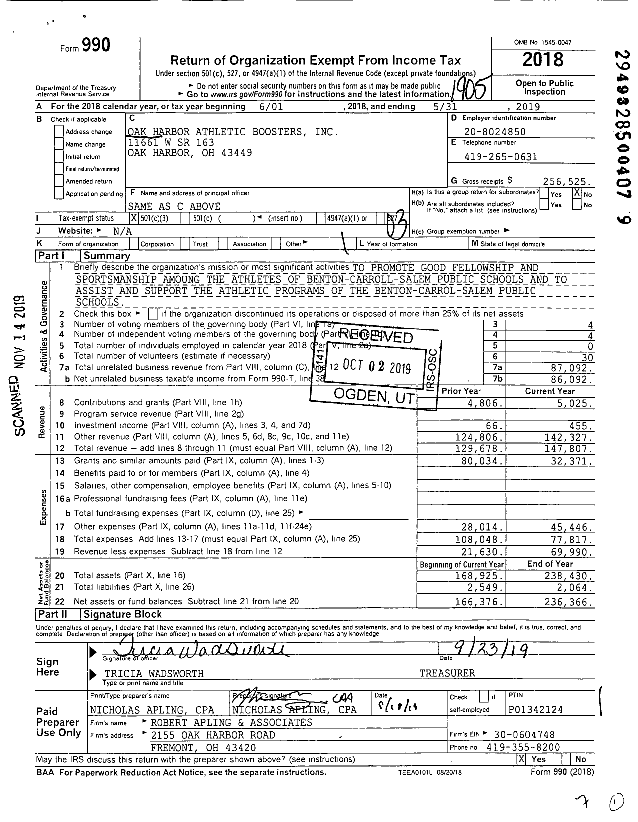 Image of first page of 2018 Form 990 for Oak Harbor Athletic Boosters