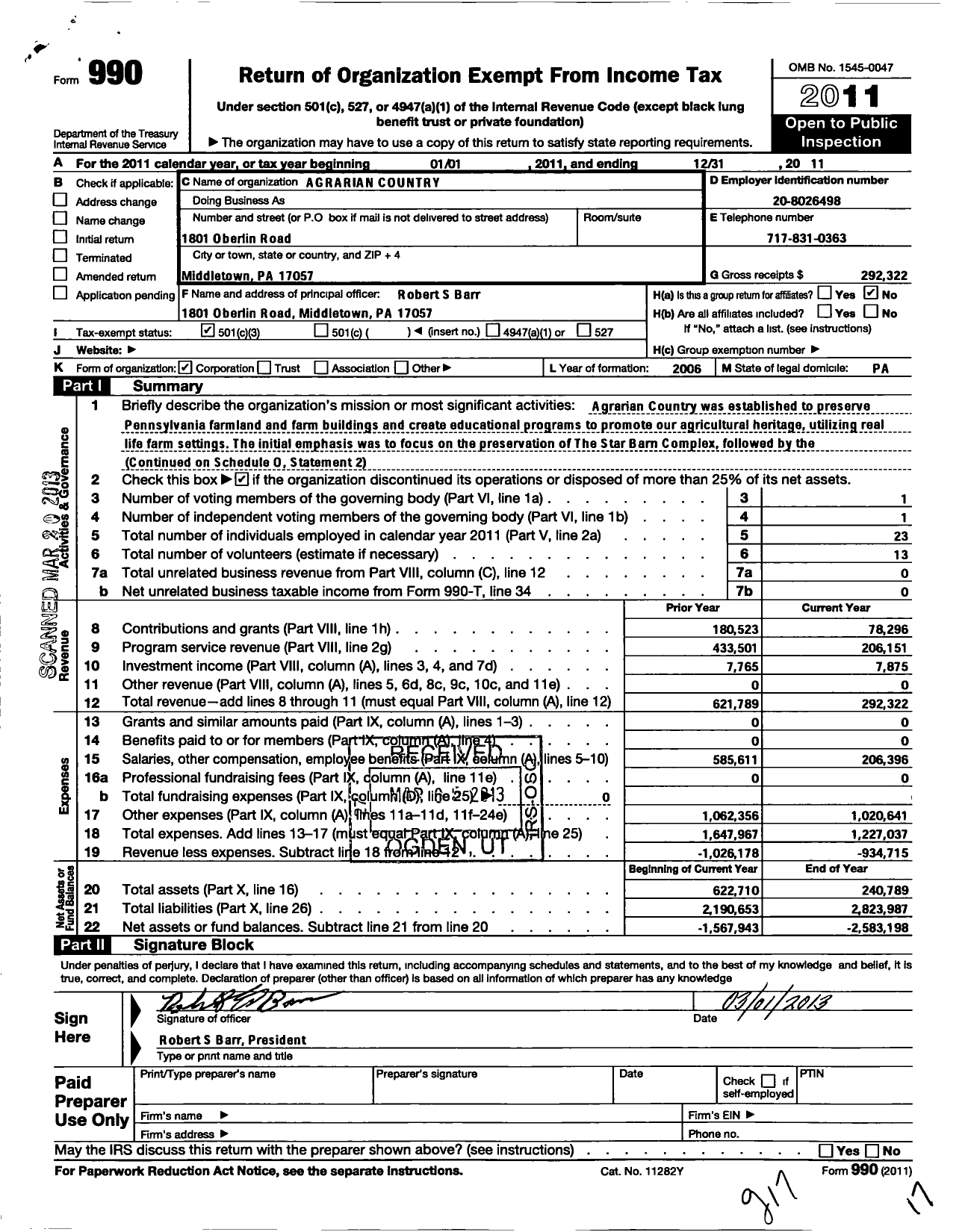 Image of first page of 2011 Form 990 for Agrarian Country