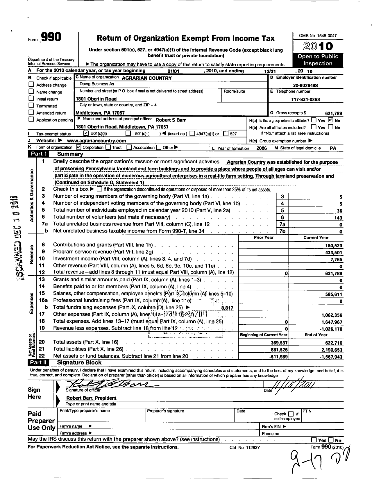 Image of first page of 2010 Form 990 for Agrarian Country