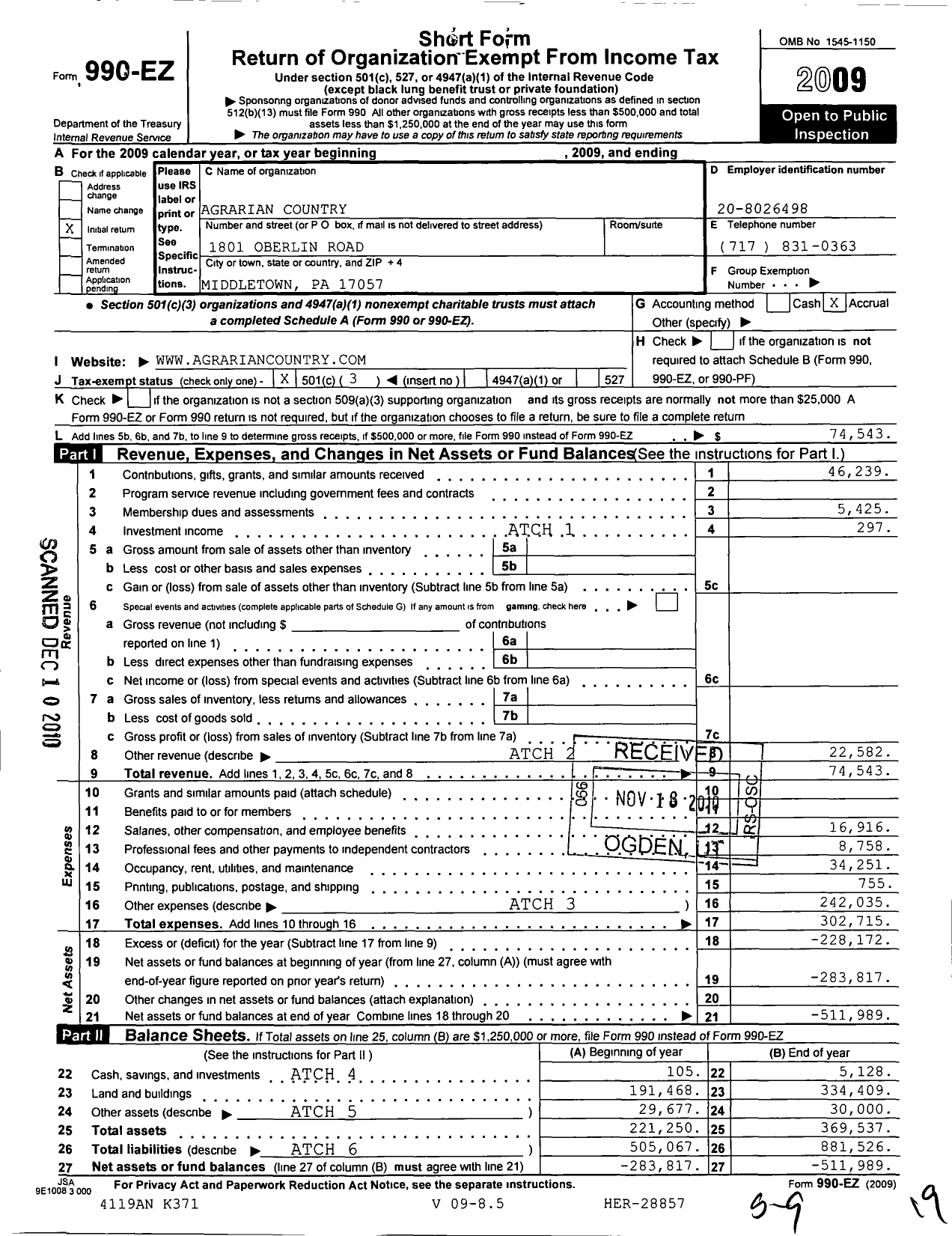 Image of first page of 2009 Form 990EZ for Agrarian Country