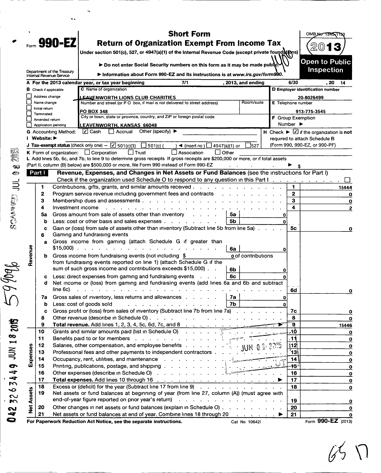 Image of first page of 2013 Form 990EZ for Leavenworth Lions Club Charities