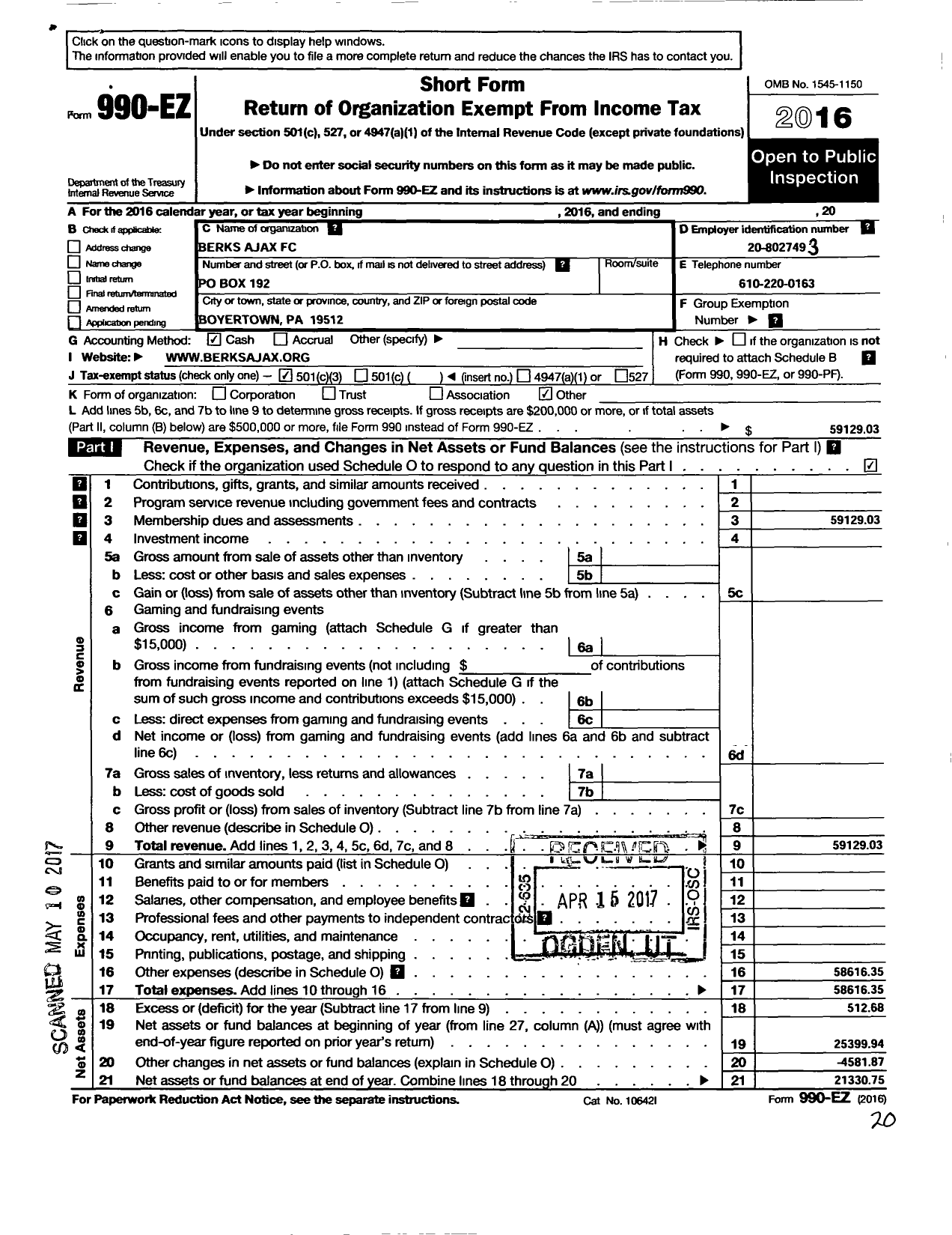 Image of first page of 2016 Form 990EZ for Berks Ajax FC