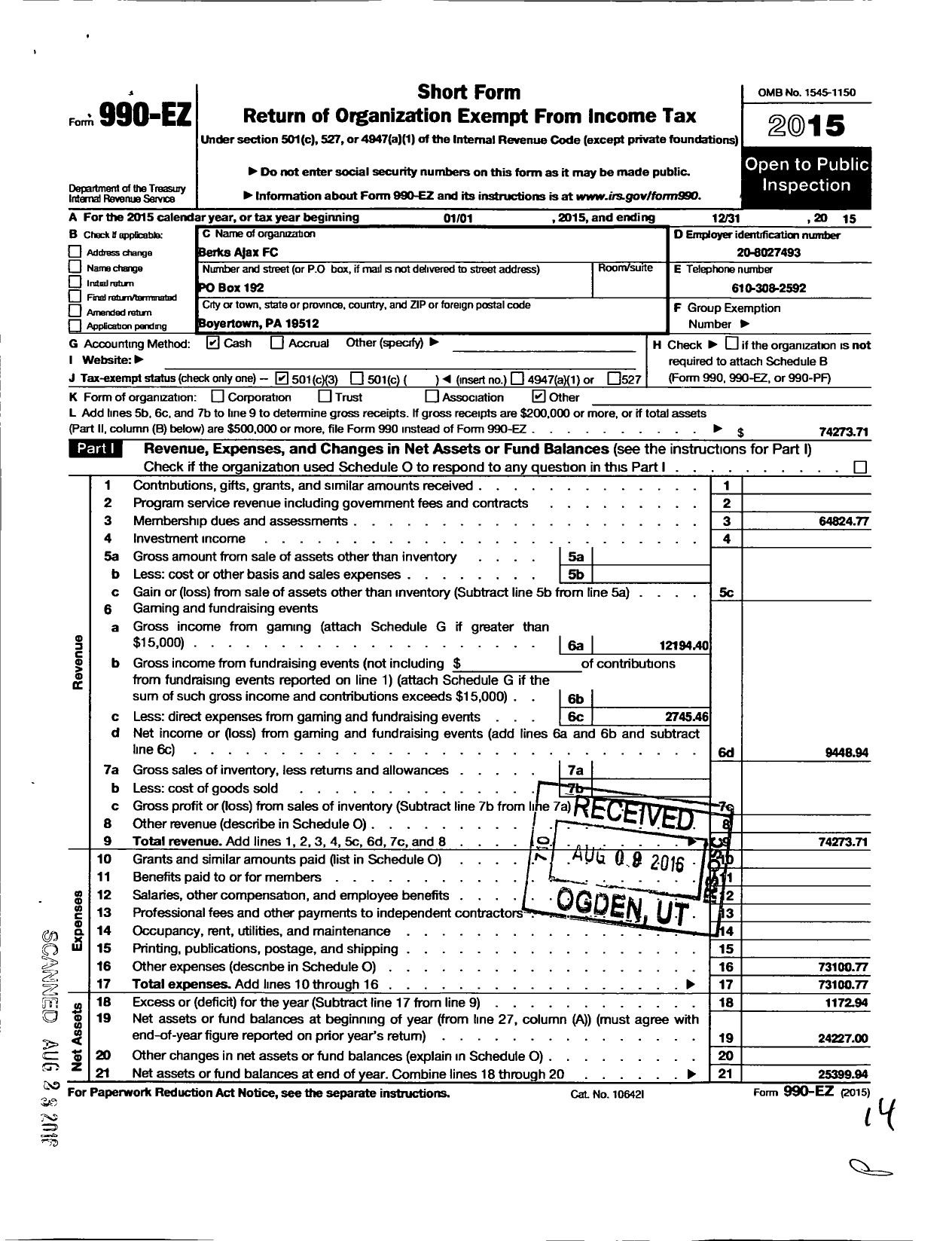 Image of first page of 2015 Form 990EZ for Berks Ajax FC