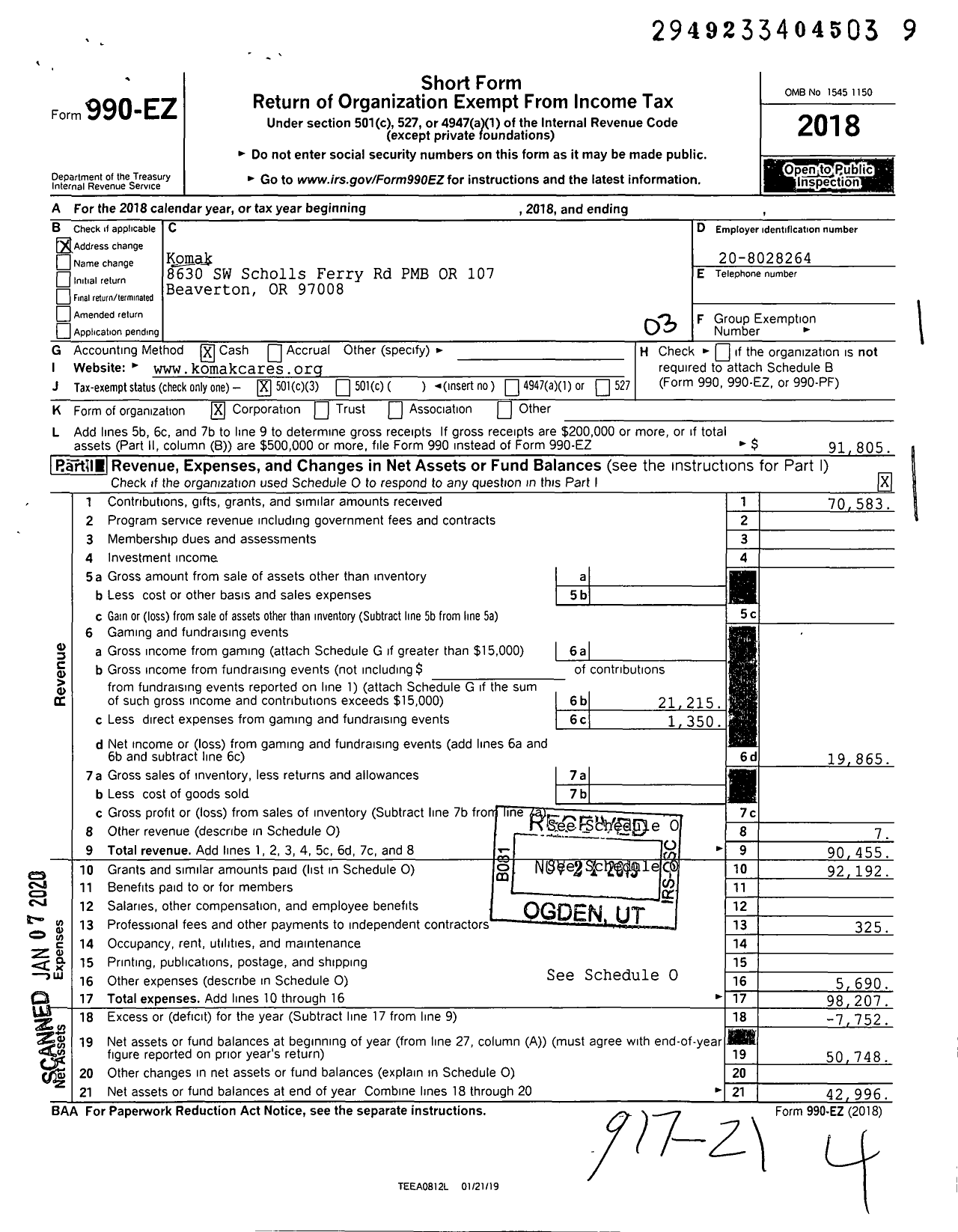 Image of first page of 2018 Form 990EZ for Komak