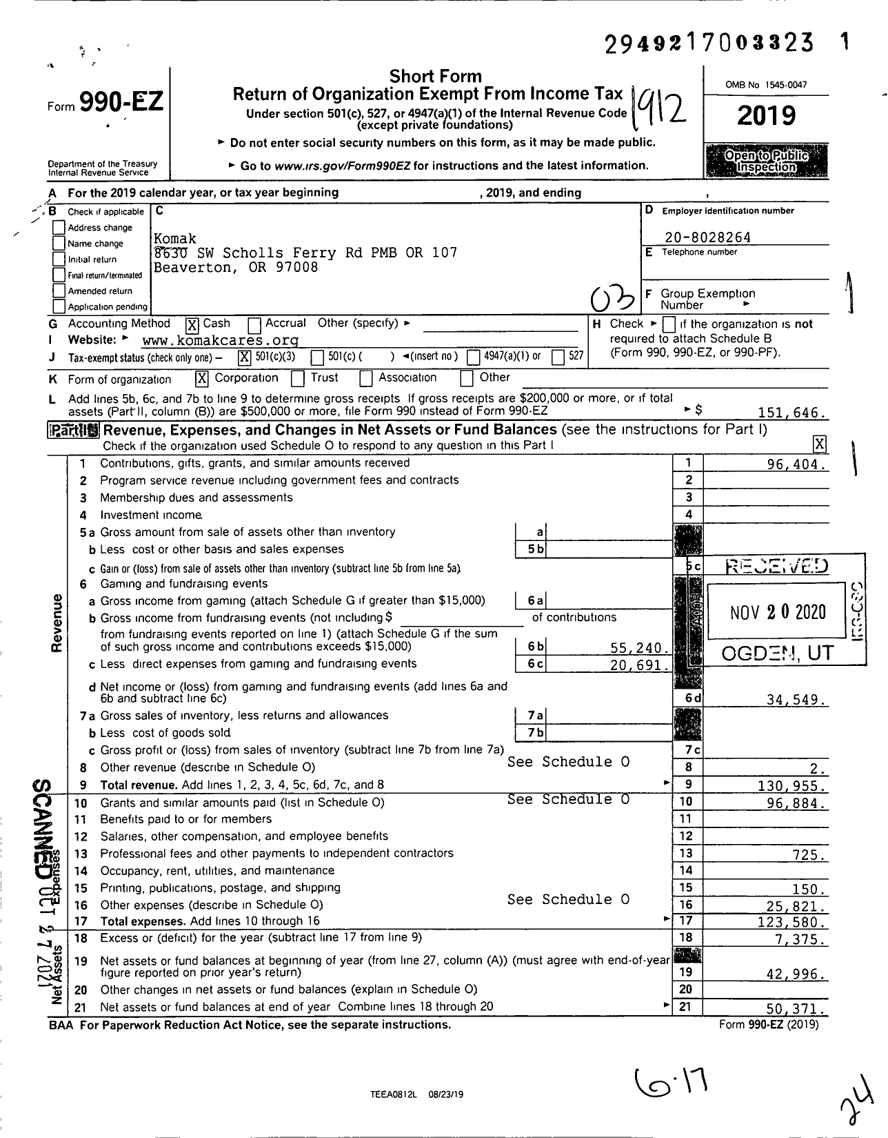 Image of first page of 2019 Form 990EZ for Komak